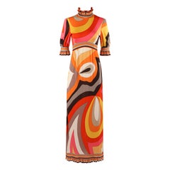 EMILIO PUCCI c.1960s Multicolor Silk Ruffle Empire Waist Mock-Neck Maxi Dress