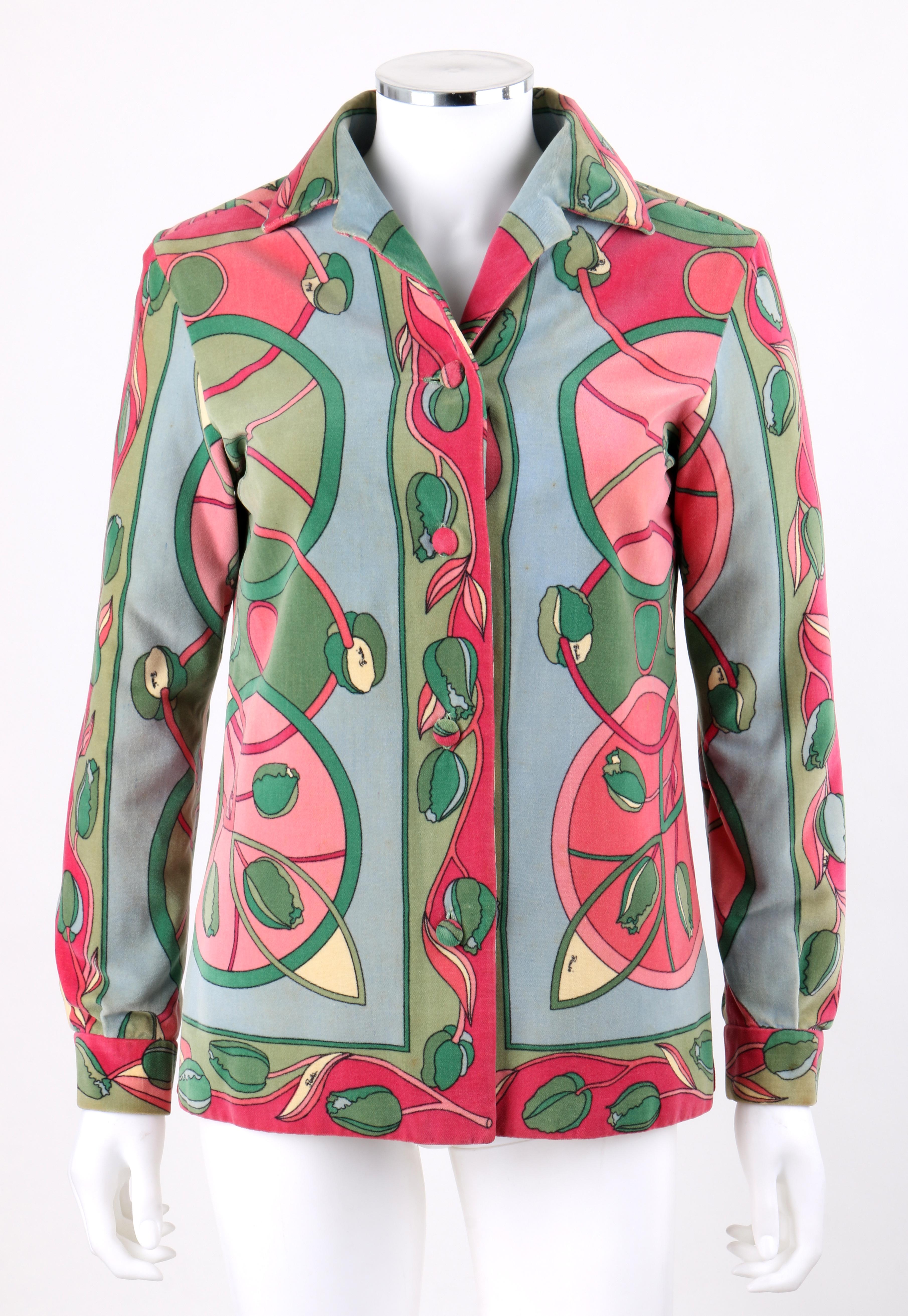 EMILIO PUCCI c.1960’s Multicolor Tulip Floral Velvet Button Front Jacket
 
Circa: 1960’s
Label(s): Emilio Pucci   
Style: Jacket
Color(s): Shades of blue, green, pink and yellow.  
Lined: Yes
Marked Fabric Content: 100% Cotton 
Additional Details /