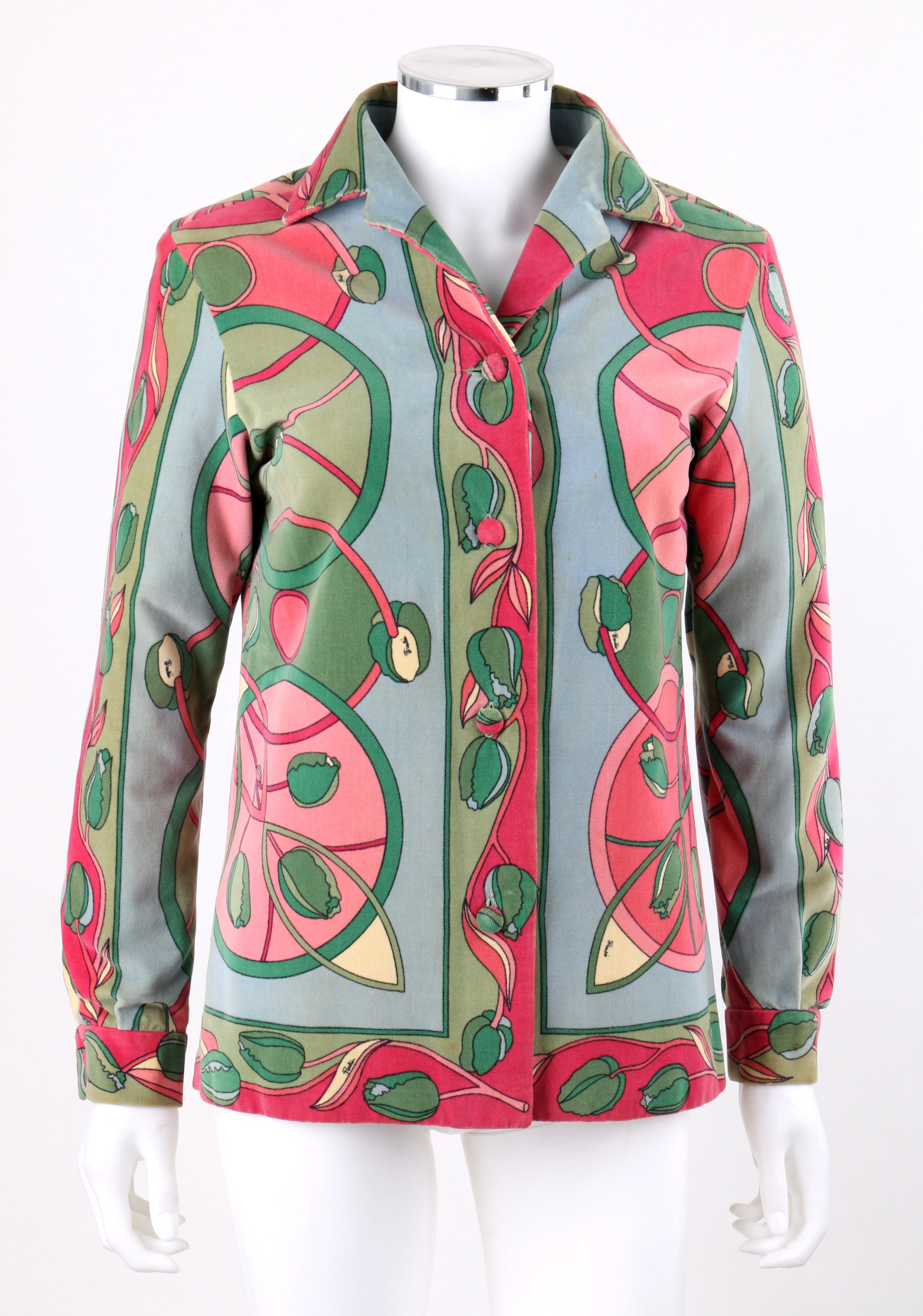 EMILIO PUCCI c.1960's Multicolor Tulip Floral Velvet Button Front Jacket (Braun) im Angebot