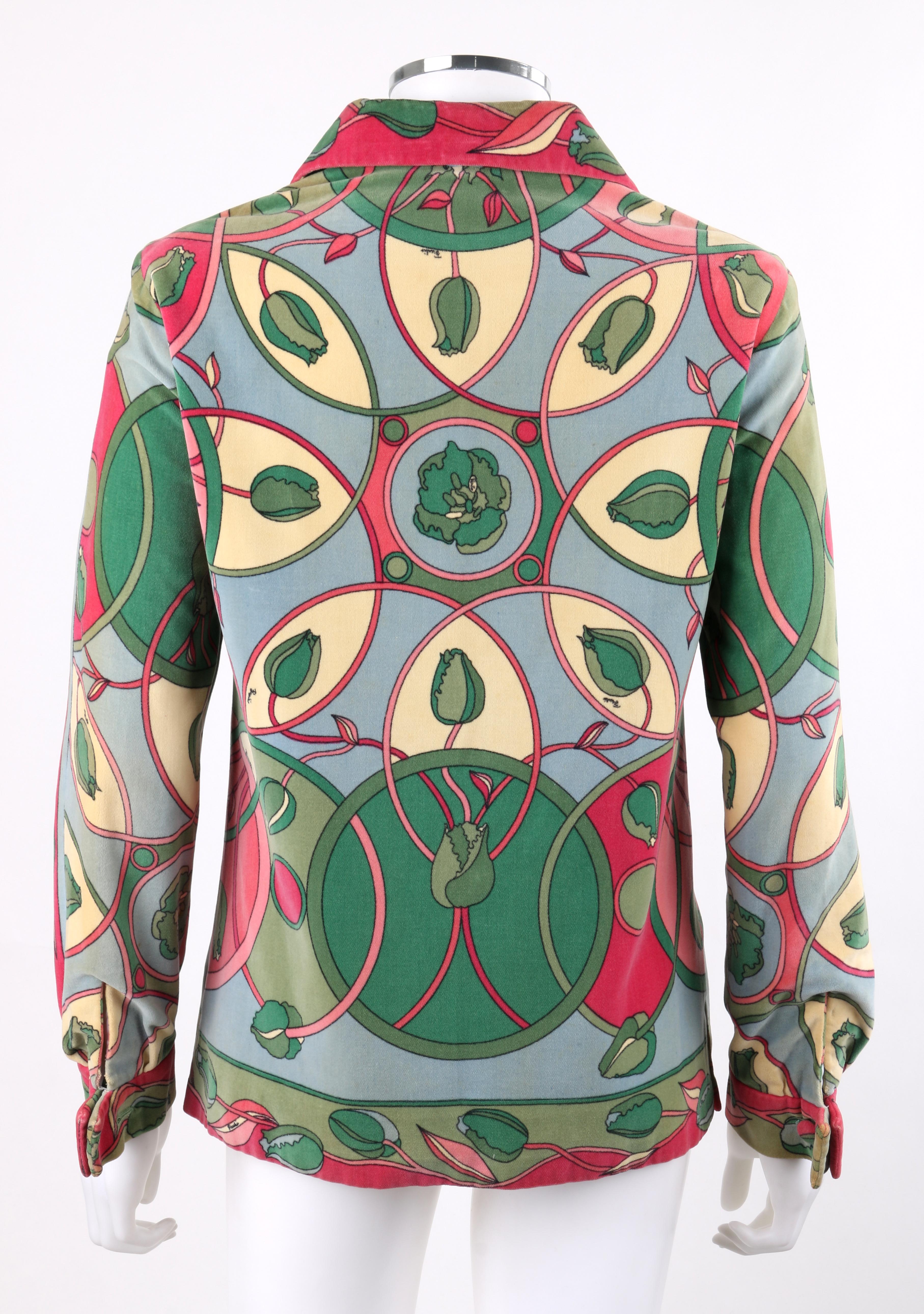 EMILIO PUCCI c.1960's Multicolor Tulip Floral Velvet Button Front Jacket Damen im Angebot