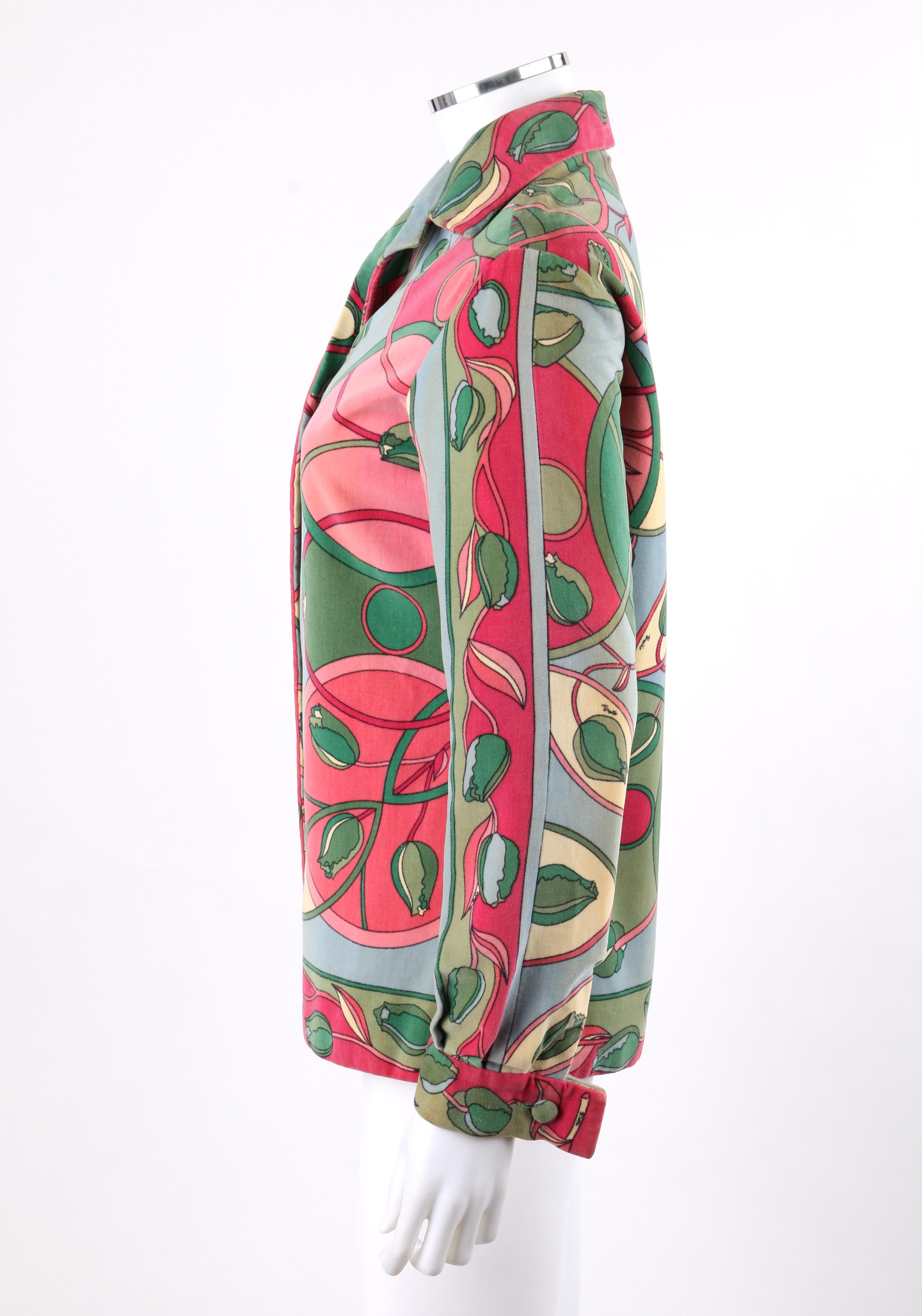 Brown EMILIO PUCCI c.1960’s Multicolor Tulip Floral Velvet Button Front Jacket For Sale