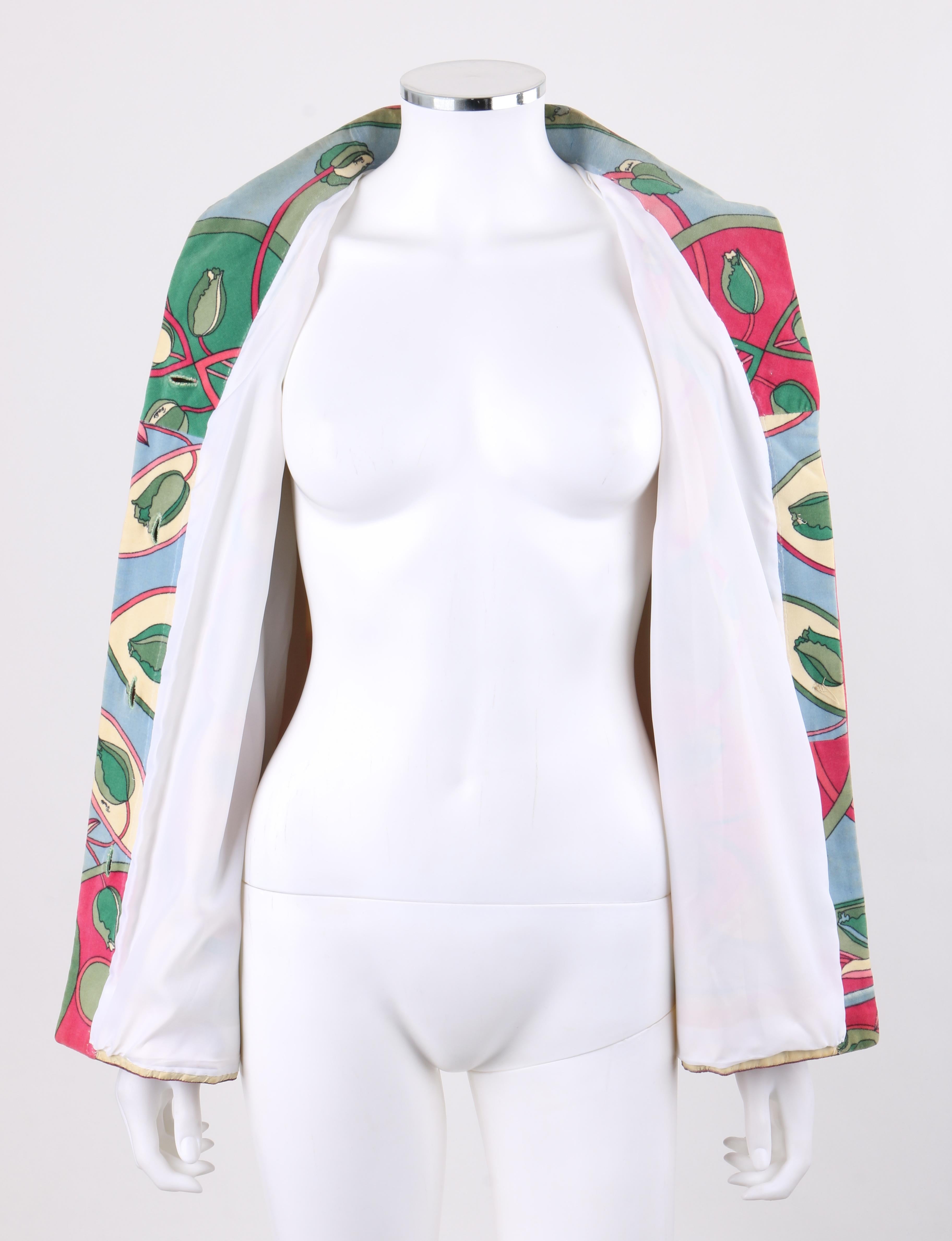 EMILIO PUCCI c.1960’s Multicolor Tulip Floral Velvet Button Front Jacket In Good Condition For Sale In Thiensville, WI