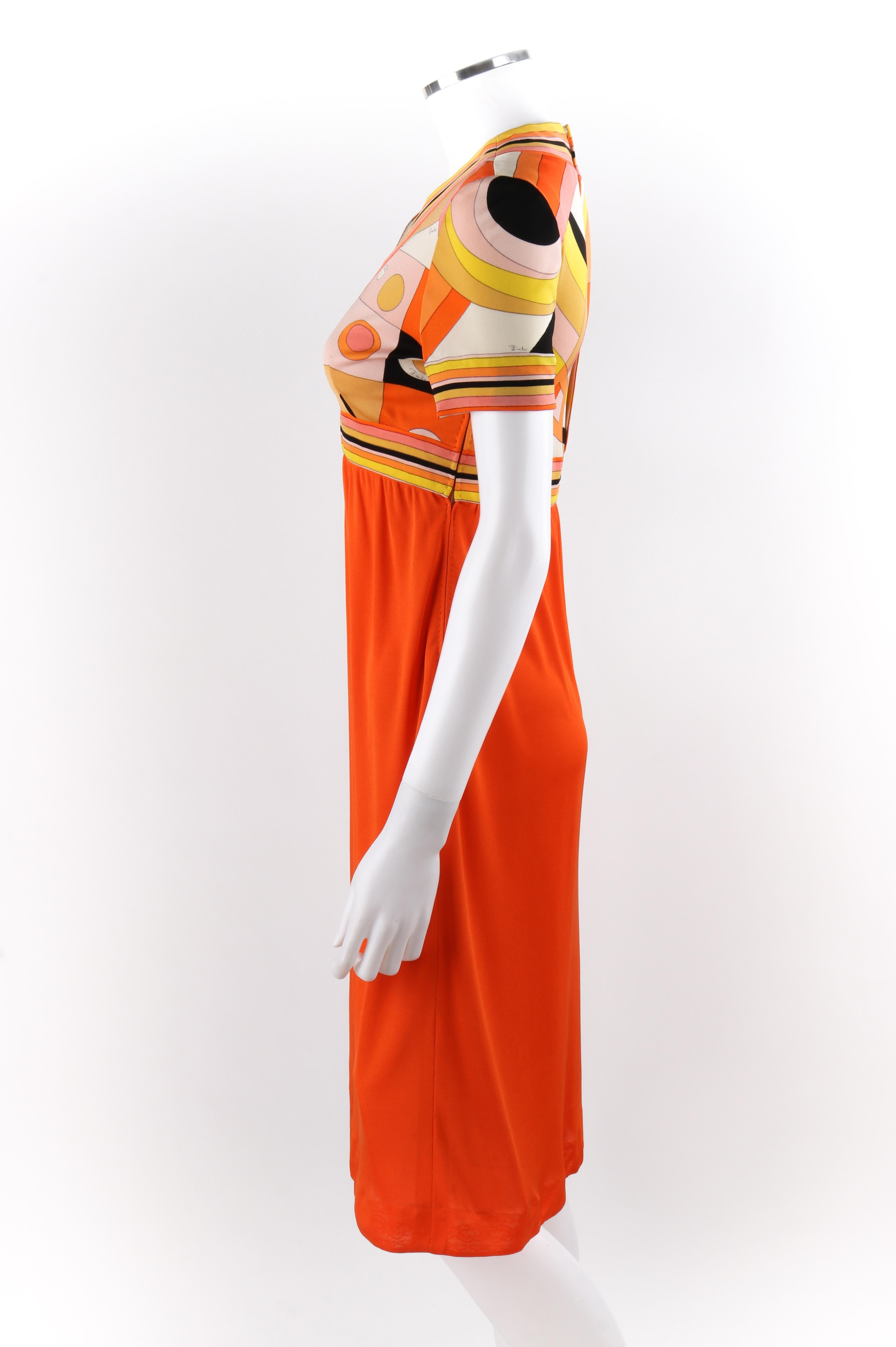 EMILIO PUCCI c.1960's Orange Geometric Op Art Signature Print Silk Empire Dress In Good Condition For Sale In Thiensville, WI