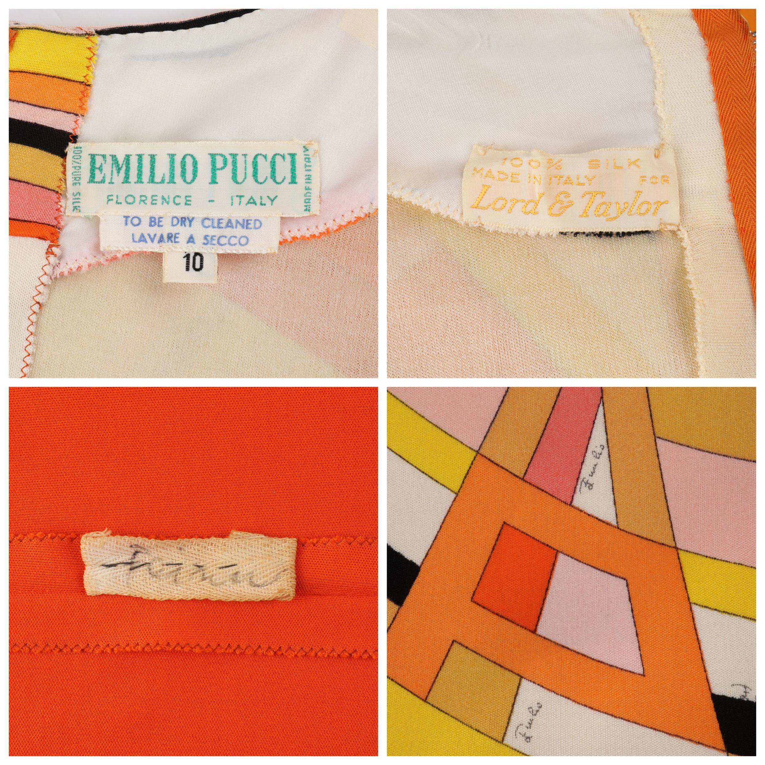 EMILIO PUCCI ca. 1960er Orangefarbenes Empire-Kleid aus Seide mit geometrischem Op-Art-Druck und Signaturdruck im Angebot 2