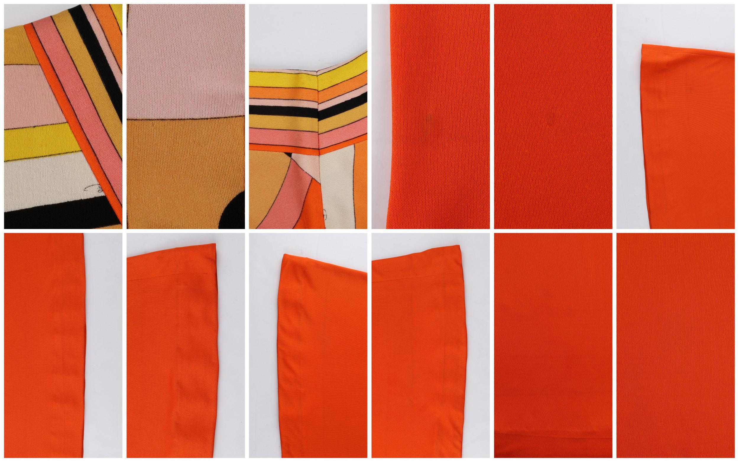 EMILIO PUCCI ca. 1960er Orangefarbenes Empire-Kleid aus Seide mit geometrischem Op-Art-Druck und Signaturdruck im Angebot 3