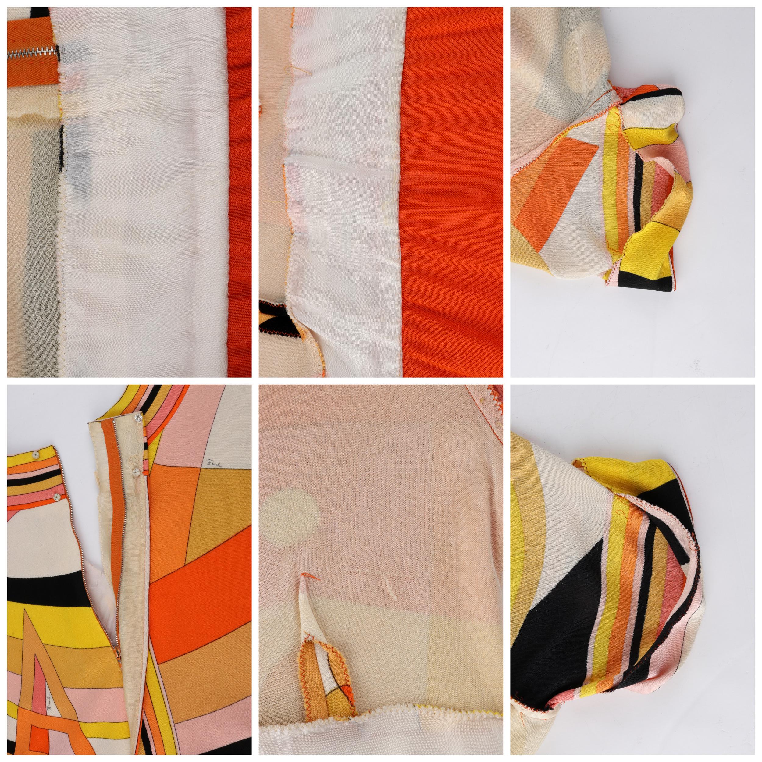 EMILIO PUCCI ca. 1960er Orangefarbenes Empire-Kleid aus Seide mit geometrischem Op-Art-Druck und Signaturdruck im Angebot 4