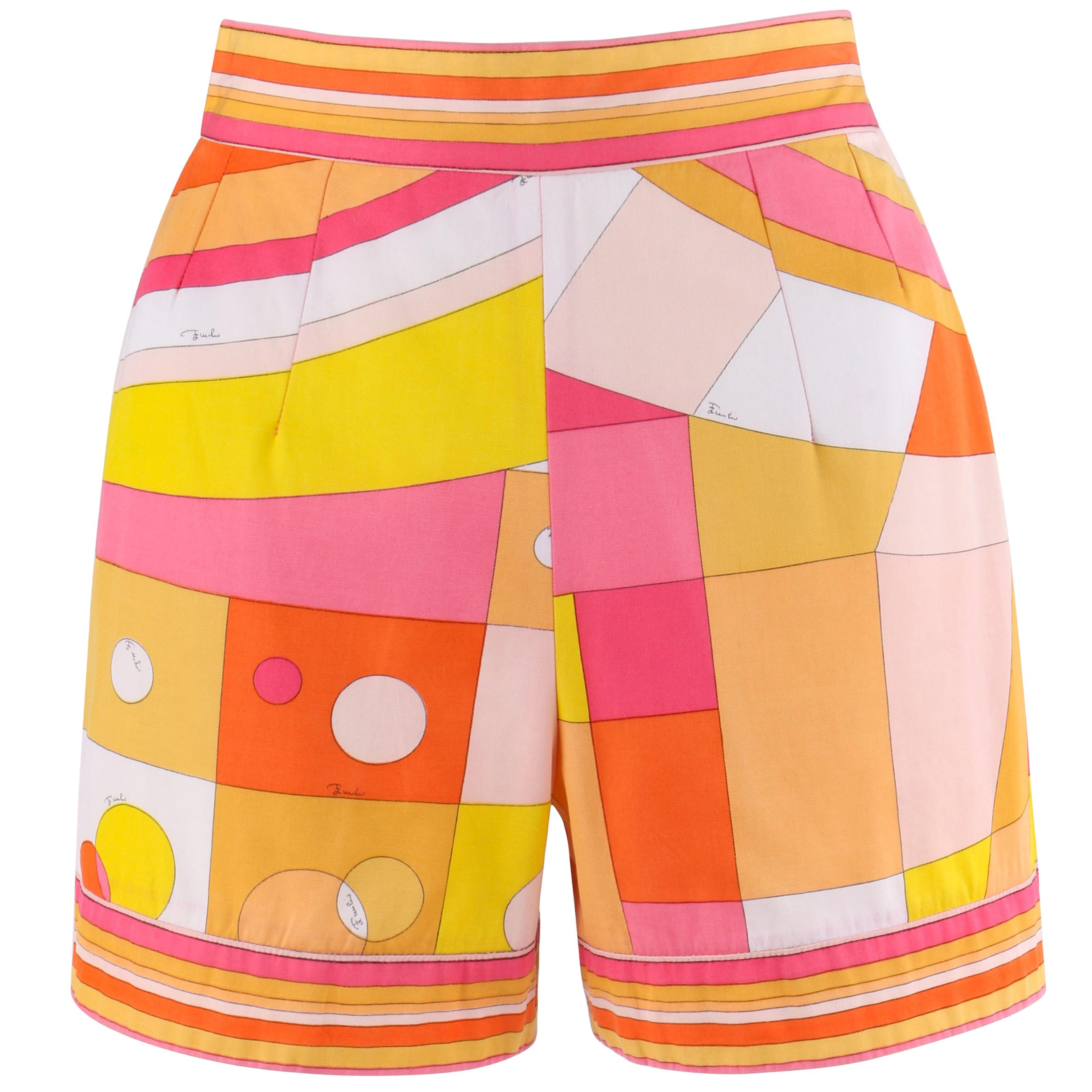 EMILIO PUCCI c.1960’s Orange Geometric Signature Print Cotton Shorts 