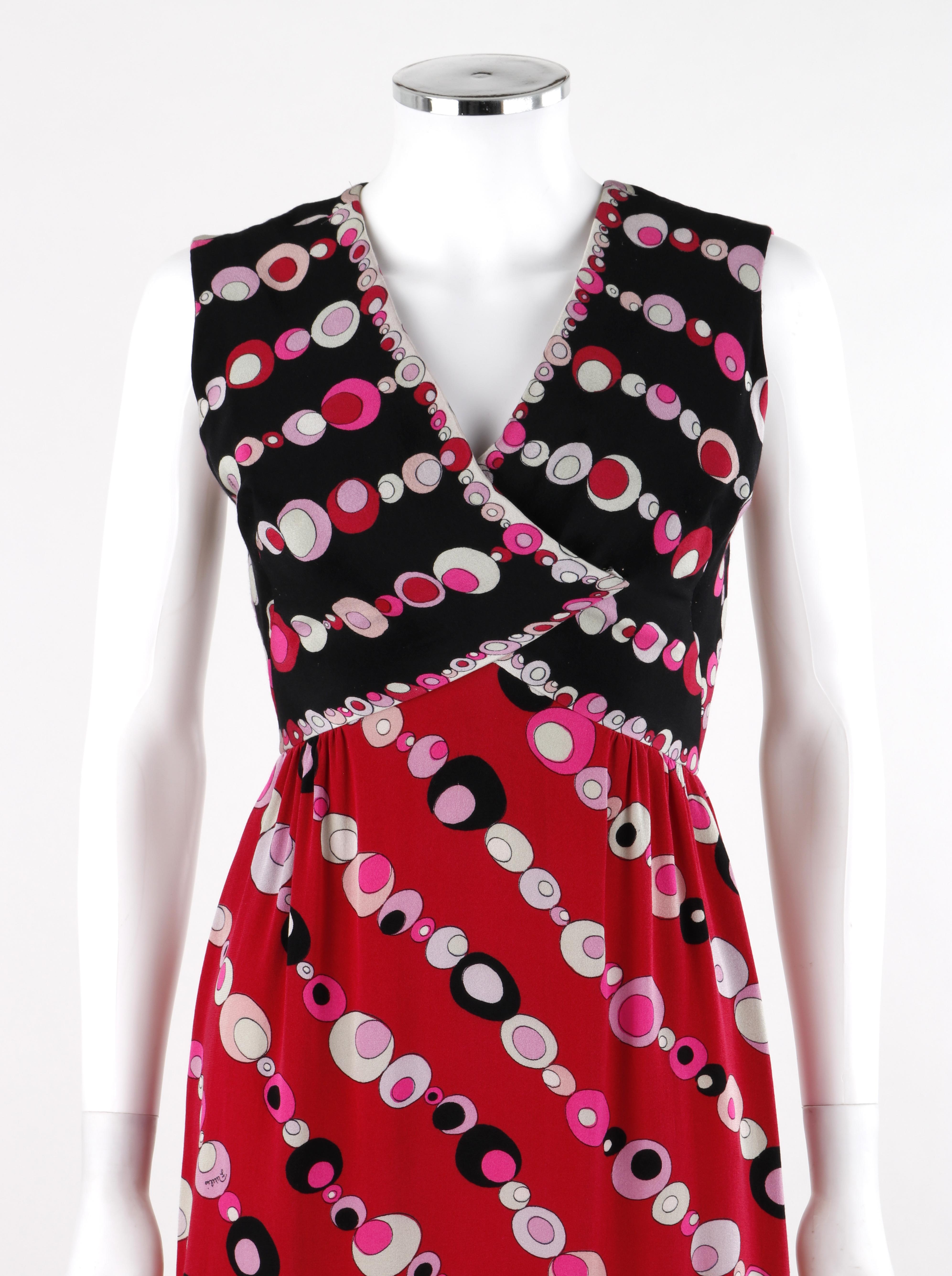 EMILIO PUCCI c.1960s Pearl Strands Signature Print Silk Sleeveless Sheath Dress
 
Circa: 1960’s
Label(s): Emilio Pucci
Designer: Emilio Pucci
Style: Sheath dress
Color(s): Shades of pink, black, white (exterior, interior)
Lined: No
Marked Fabric