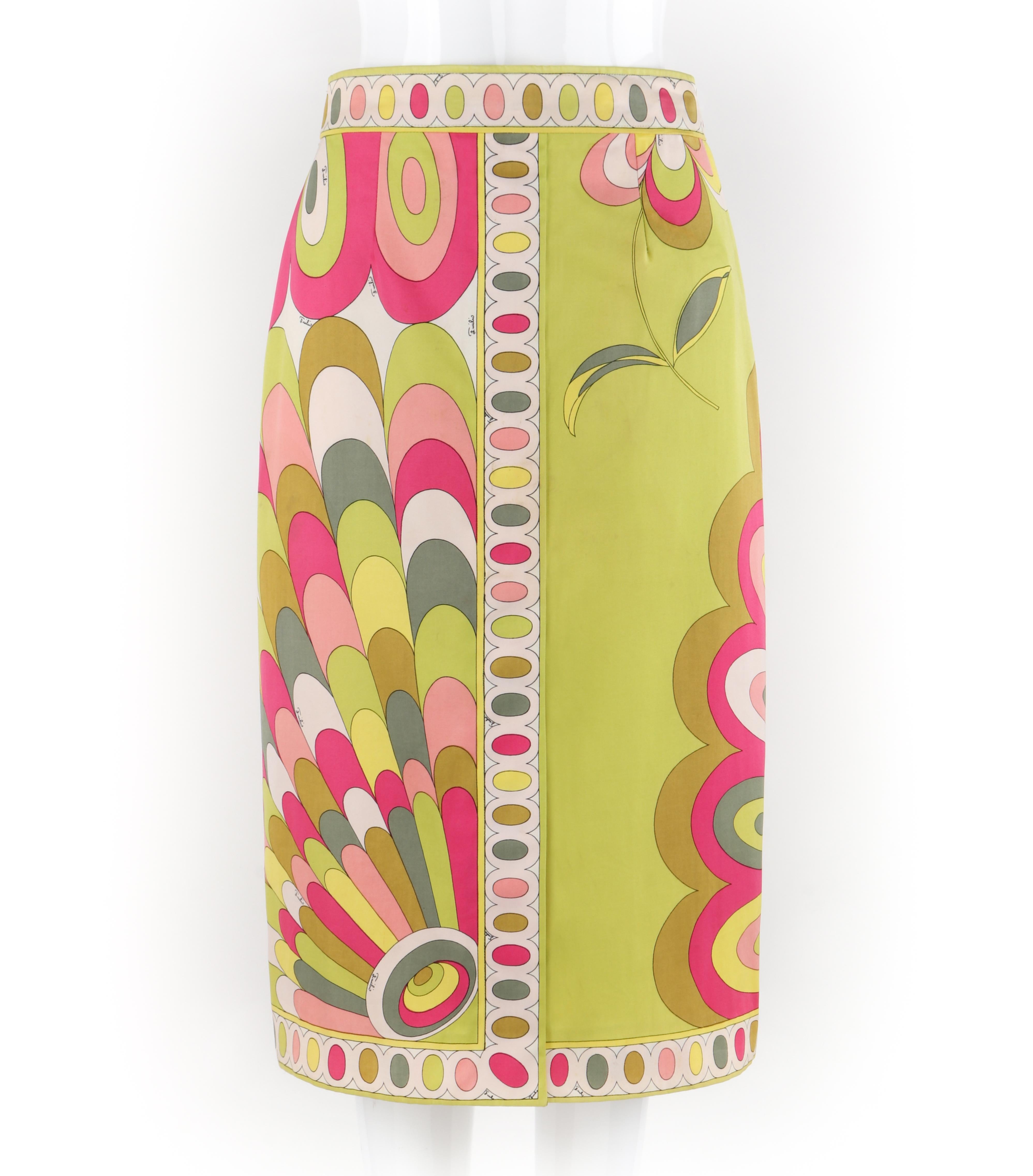 EMILIO PUCCI c.1960's Pink Green Yellow Floral Wavy Print Slit Pencil Midi Skirt

Brand / Manufacturer: Emilio Pucci
Circa: 1960's
Designer: Emilio Pucci 
Style: Midi Skirt
Color(s): Shades of pink, green, yellow, white
Lined: No
Marked Fabric