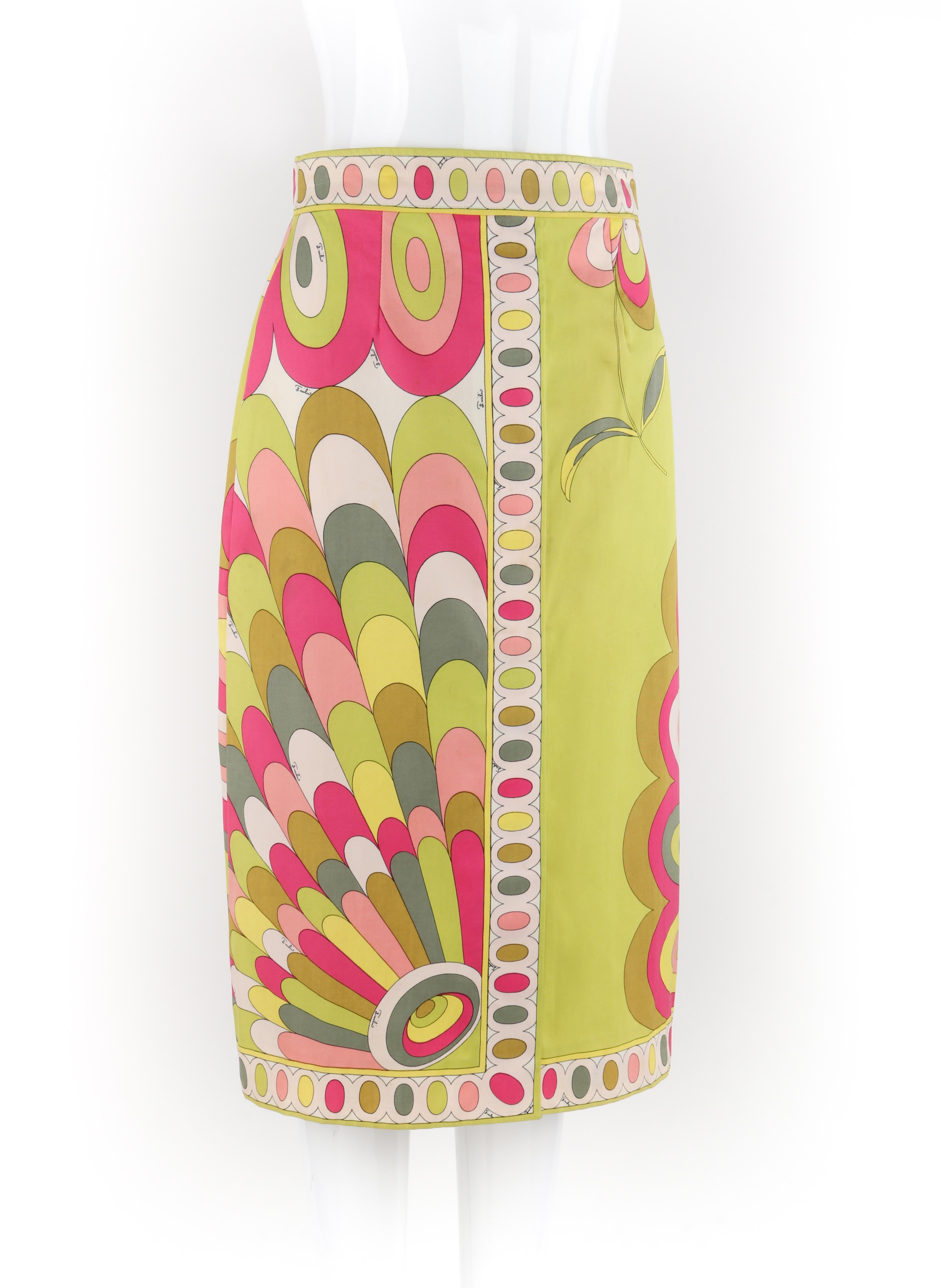 EMILIO PUCCI c.1960's Pink Green Yellow Floral Wavy Print Slit Pencil Midi Skirt In Fair Condition For Sale In Thiensville, WI