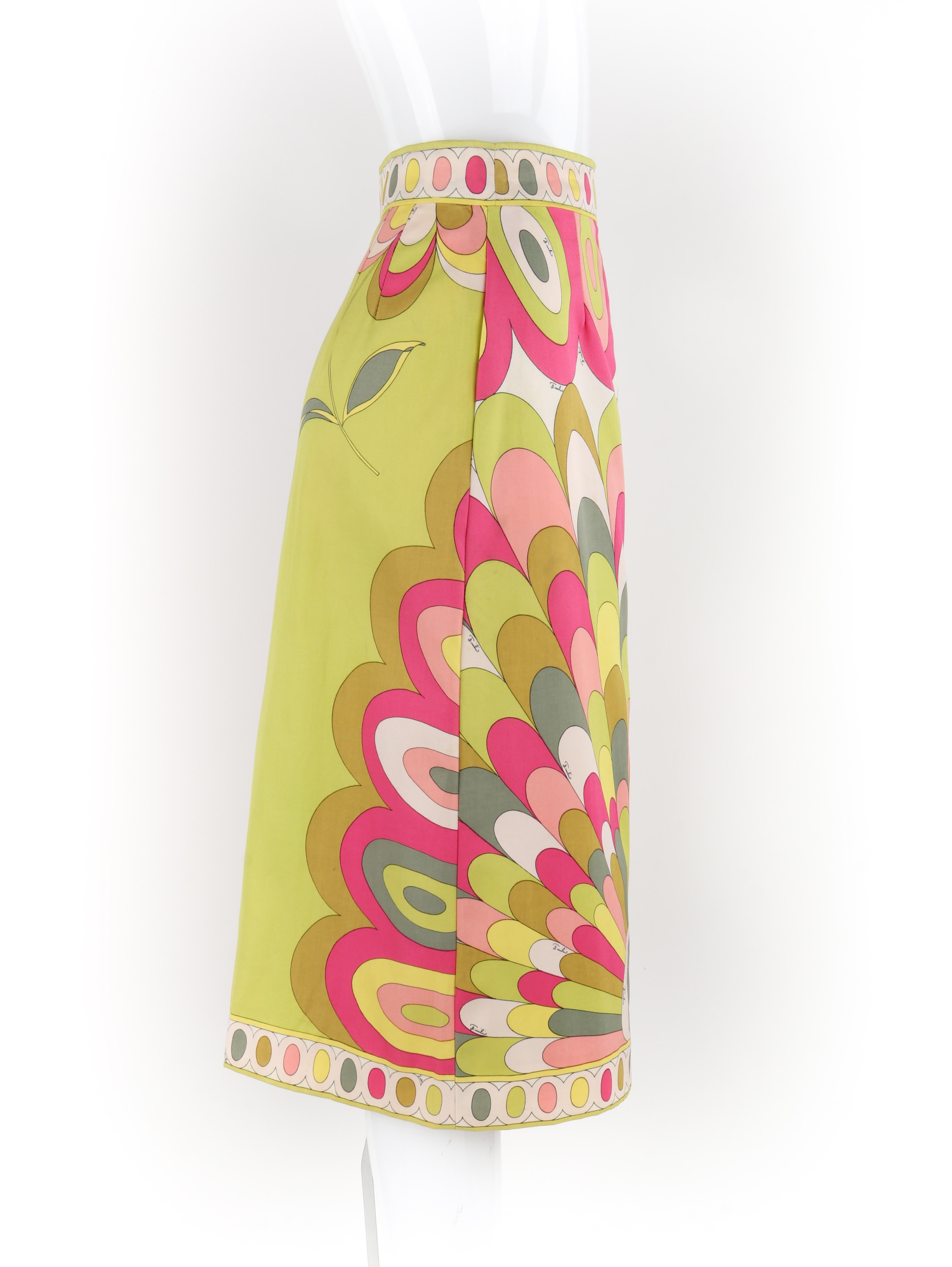 Women's EMILIO PUCCI c.1960's Pink Green Yellow Floral Wavy Print Slit Pencil Midi Skirt For Sale