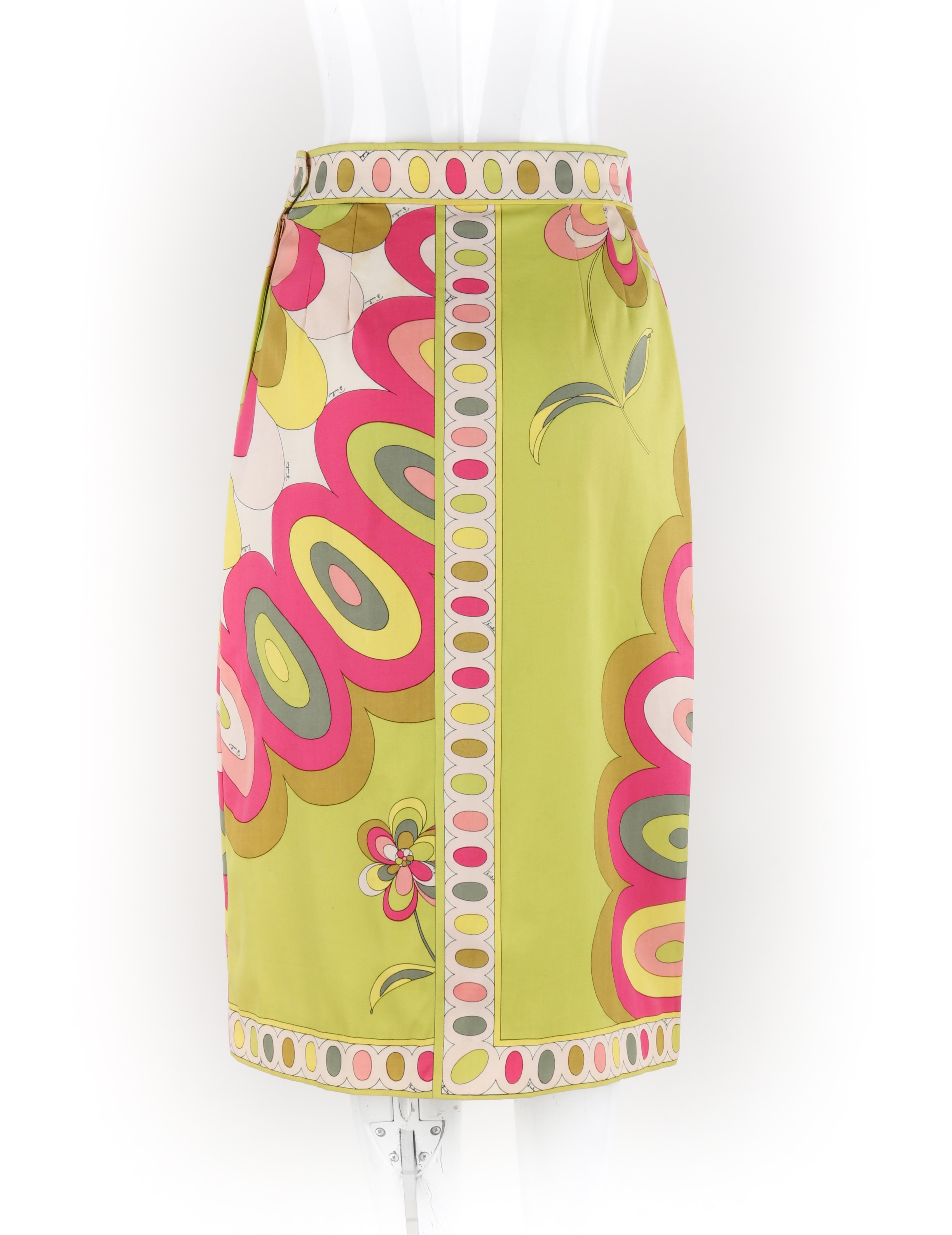 EMILIO PUCCI c.1960's Pink Green Yellow Floral Wavy Print Slit Pencil Midi Skirt For Sale 1