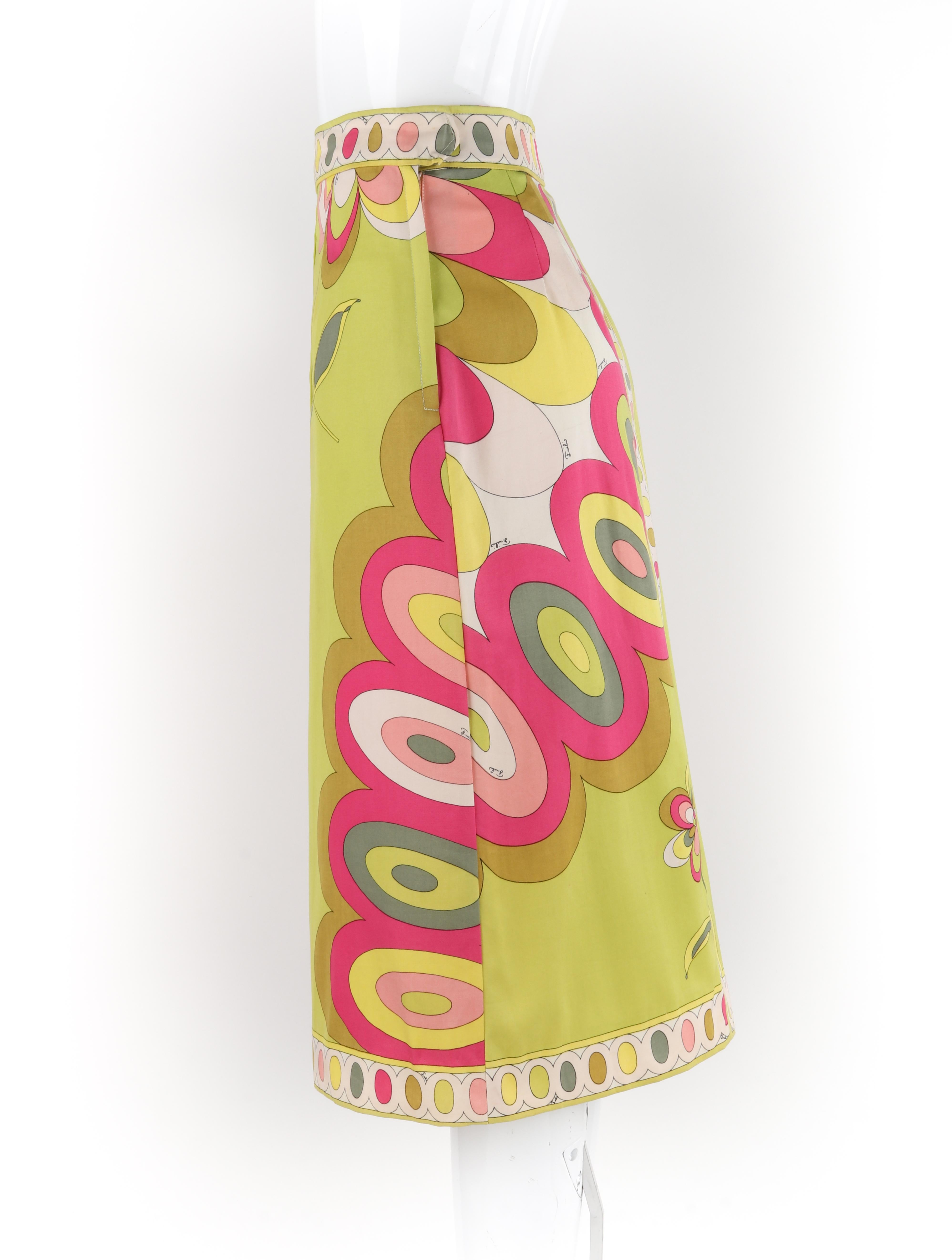 EMILIO PUCCI c.1960's Pink Green Yellow Floral Wavy Print Slit Pencil Midi Skirt For Sale 2