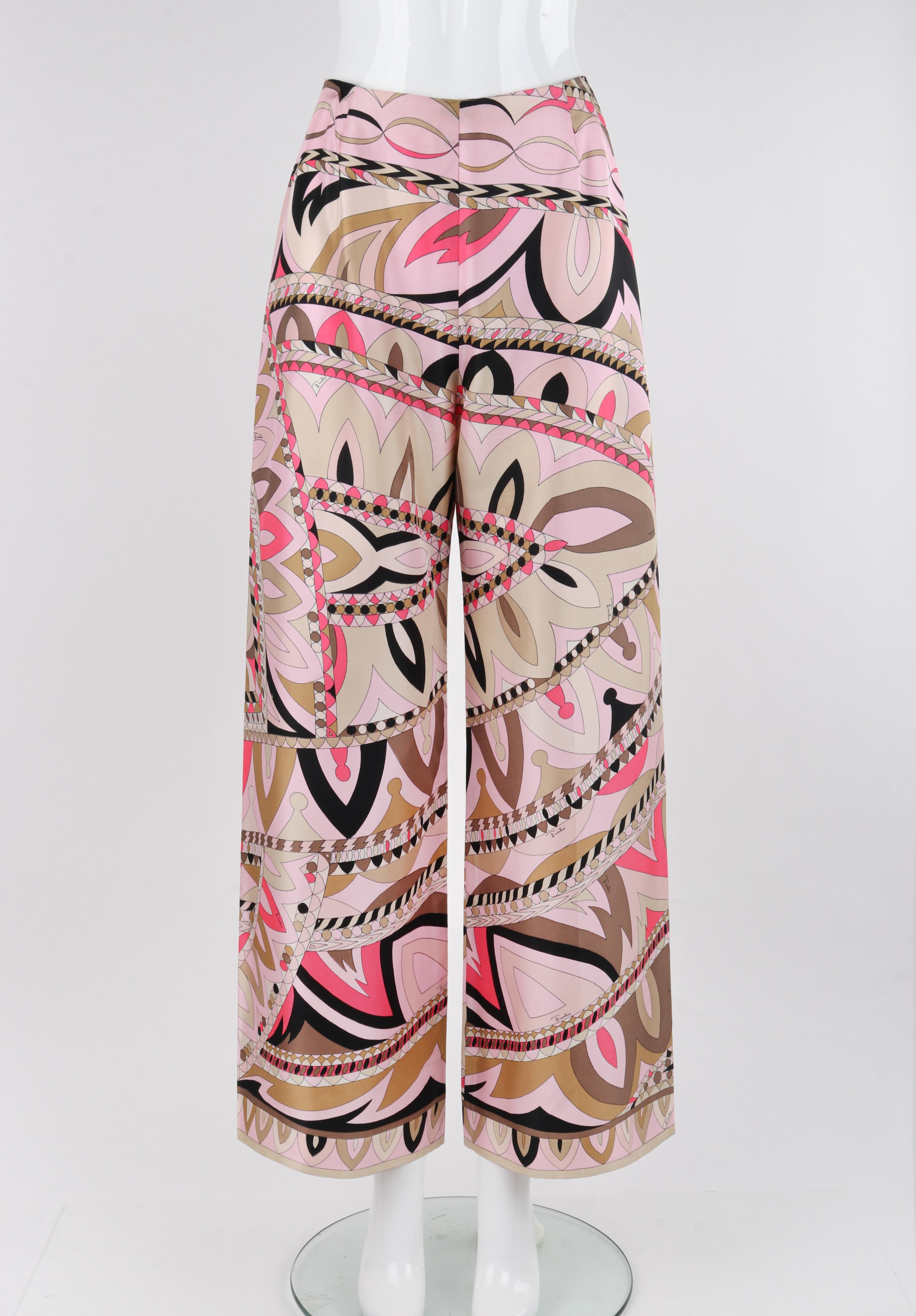 EMILIO PUCCI c.1960's Pink Multicolor Silk Op Art Wide Leg Trousers Pants

Brand / Manufacturer: Emilio Pucci
Circa: 1960's
Designer: Emilio Pucci
Style: Trouser pants
Color(s): Shades of pink, brown, black, tan, 
Lined: No
Marked Fabric Content: