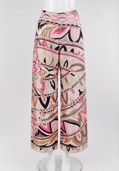 EMILIO PUCCI c.1960's Pink Multicolor Silk Op Art Wide Leg Trousers Pants