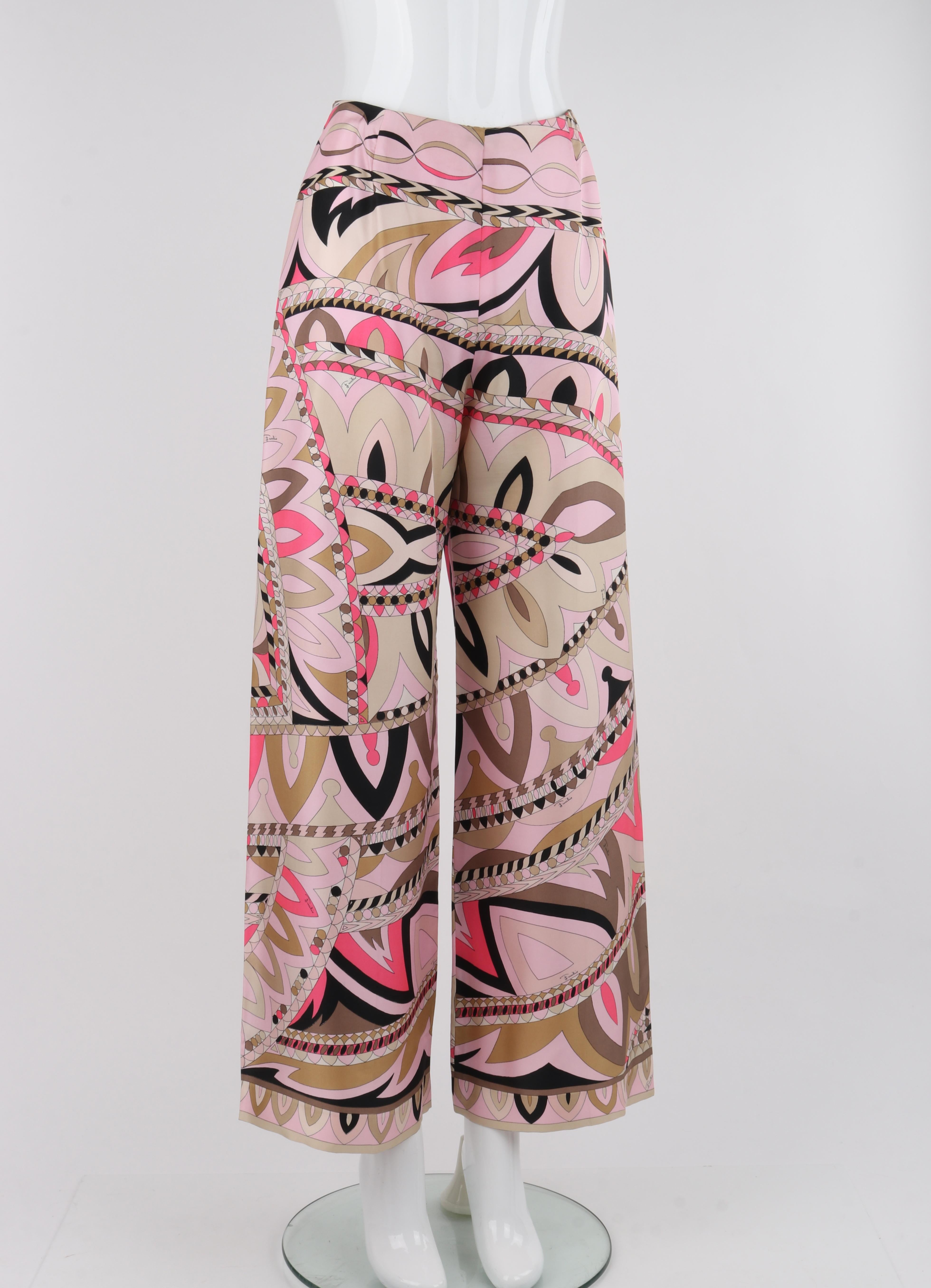 Beige EMILIO PUCCI c.1960's Pink Multicolor Silk Op Art Wide Leg Trousers Pants For Sale