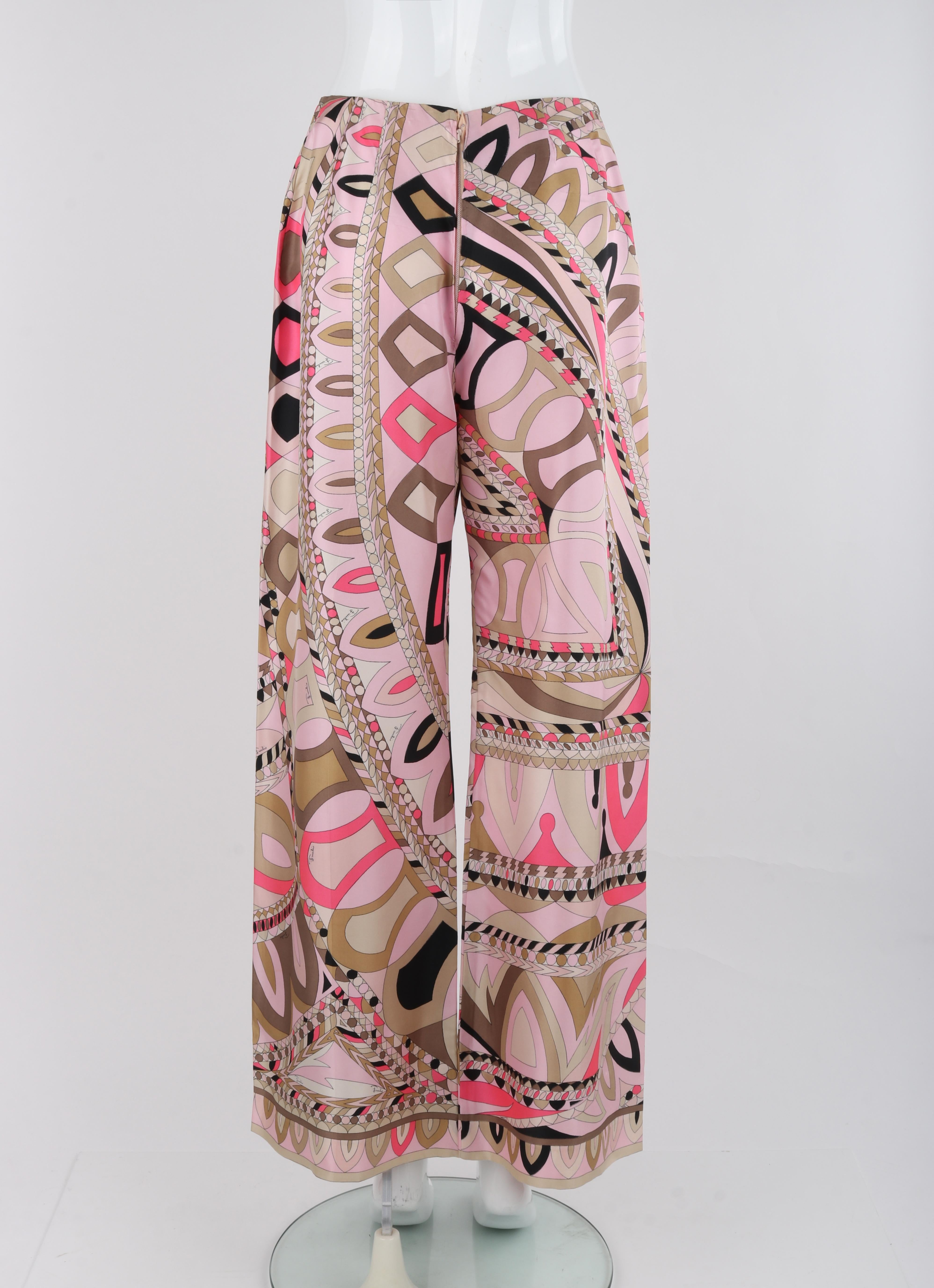 Women's EMILIO PUCCI c.1960's Pink Multicolor Silk Op Art Wide Leg Trousers Pants For Sale