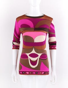 EMILIO PUCCI c.1960's Pink Op Art Signature Print Silk Long Sleeve Top