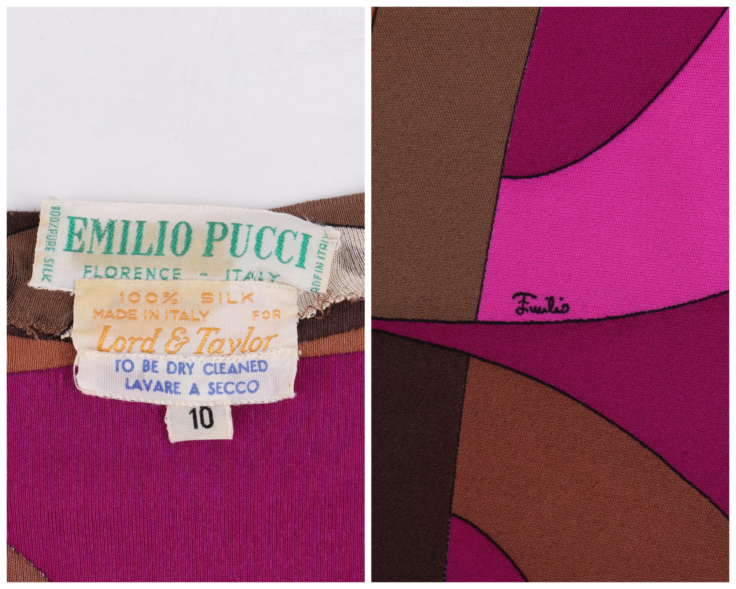 EMILIO PUCCI c.1960's Pink Op Art Signature Print Silk Long Sleeve Top 2