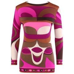 Vintage EMILIO PUCCI c.1960's Pink Op Art Signature Print Silk Long Sleeve Top