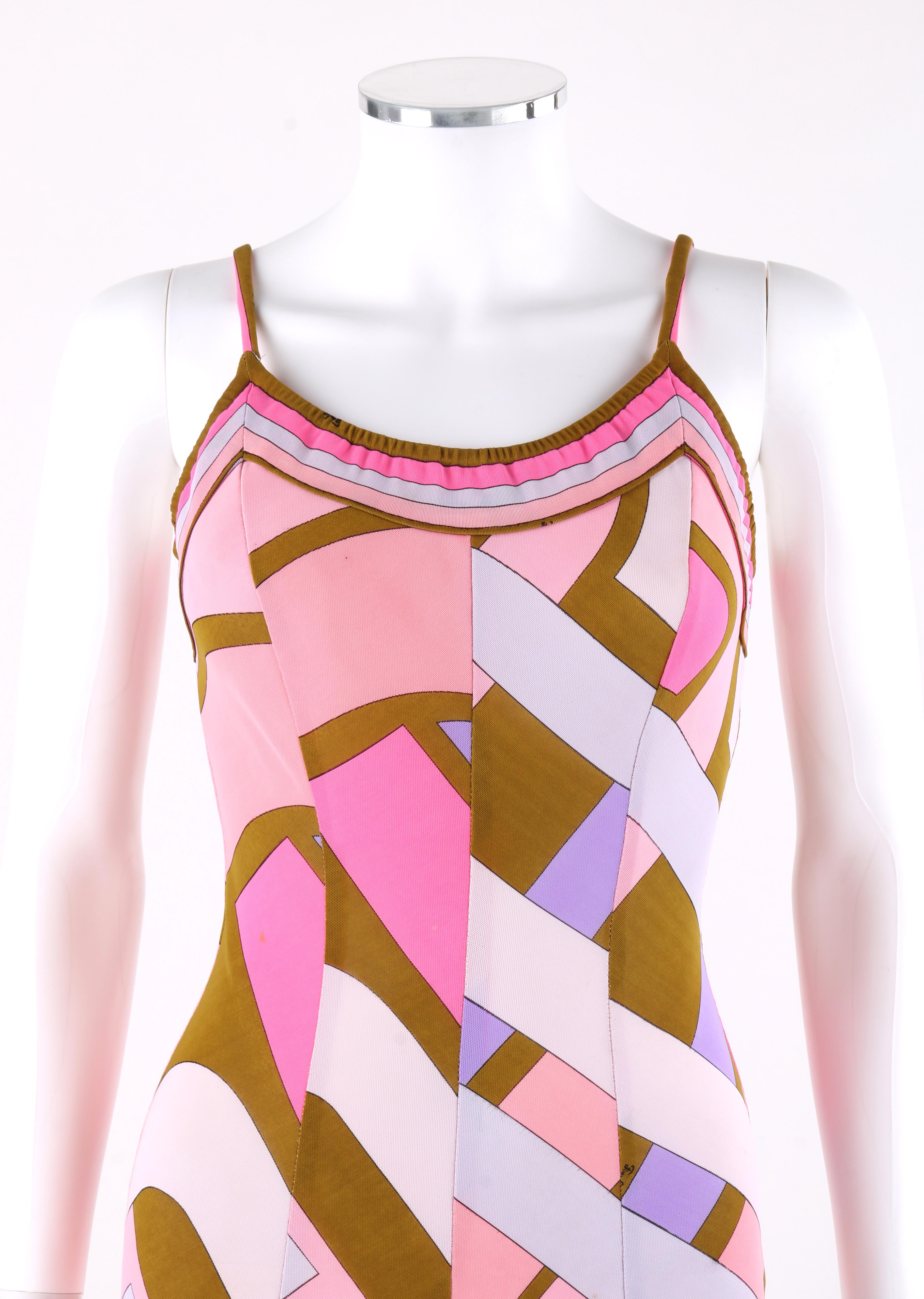 EMILIO PUCCI c.1960’s Pink Signature Print One-Piece Bathing Swimsuit 
 
Circa: 1960’s
Label(s): Emilio Pucci / Lord & Taylor 
Style: One-piece bathing swimsuit 
Color(s): Shades of pink, purple, brown, grey and white. 
Lined: Yes
Marked Fabric
