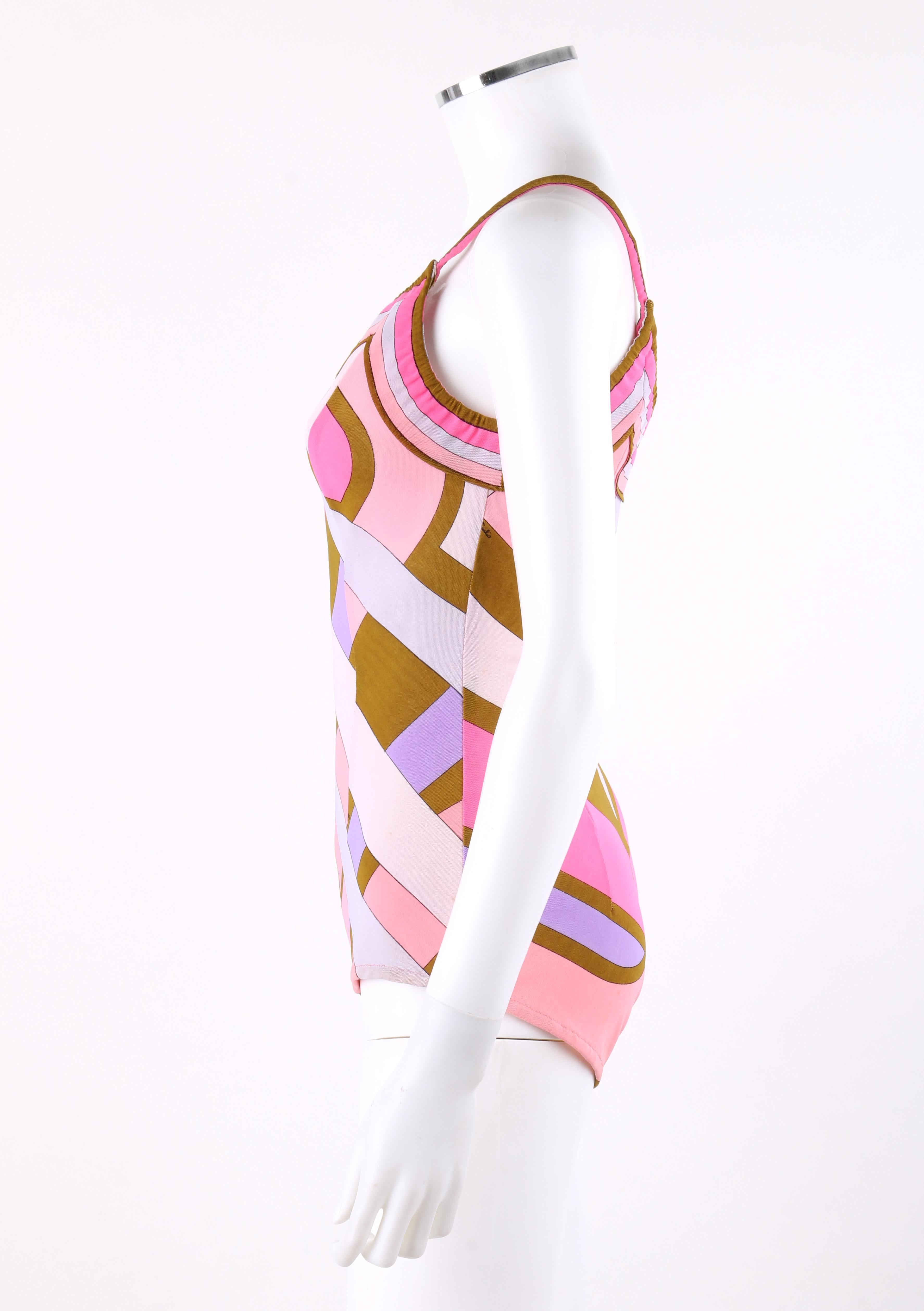 EMILIO PUCCI c.1960’s Pink Signature Print One-Piece Bathing Swimsuit In Good Condition For Sale In Thiensville, WI