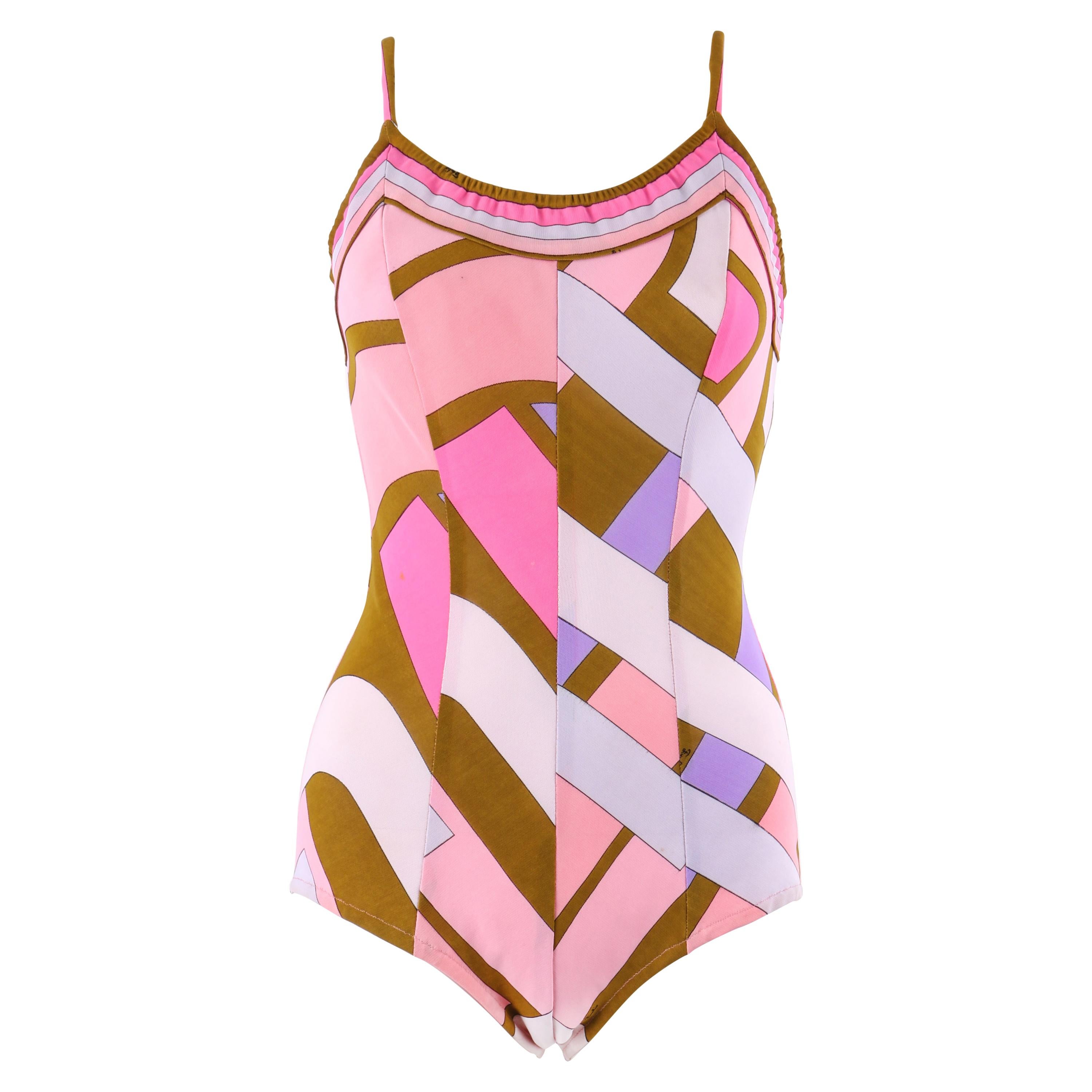 EMILIO PUCCI c.1960’s Pink Signature Print One-Piece Bathing Swimsuit For Sale
