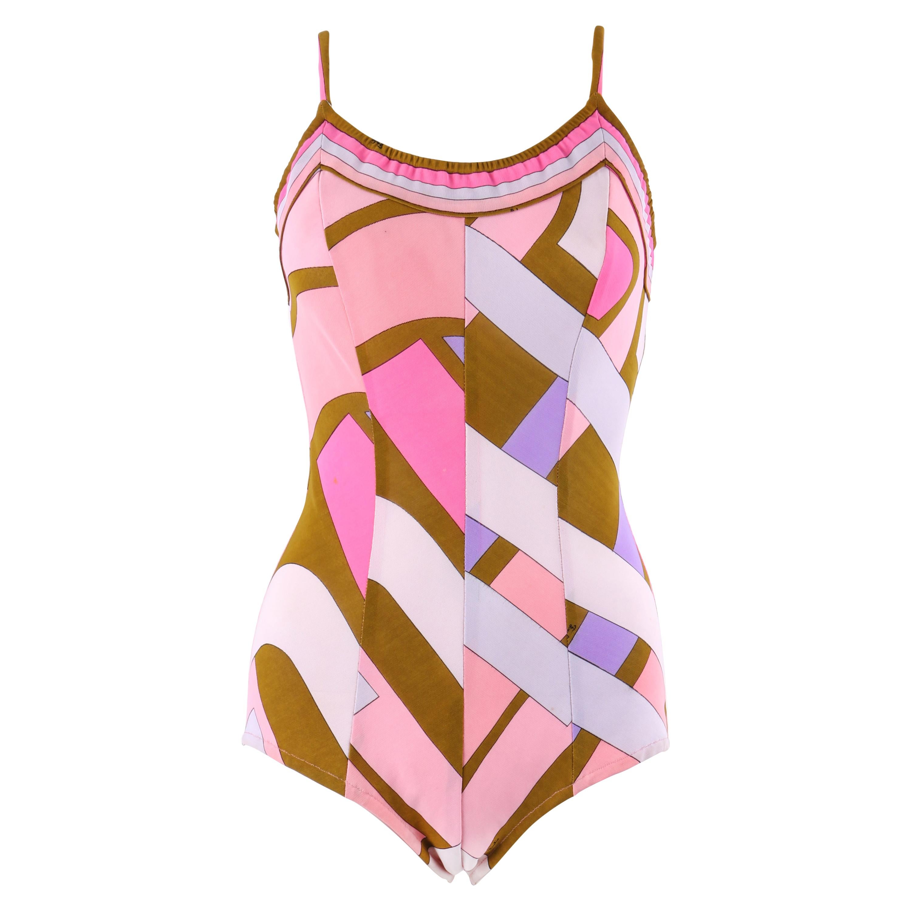 EMILIO PUCCI c.1960’s Pink Signature Print One-Piece Bathing Swimsuit