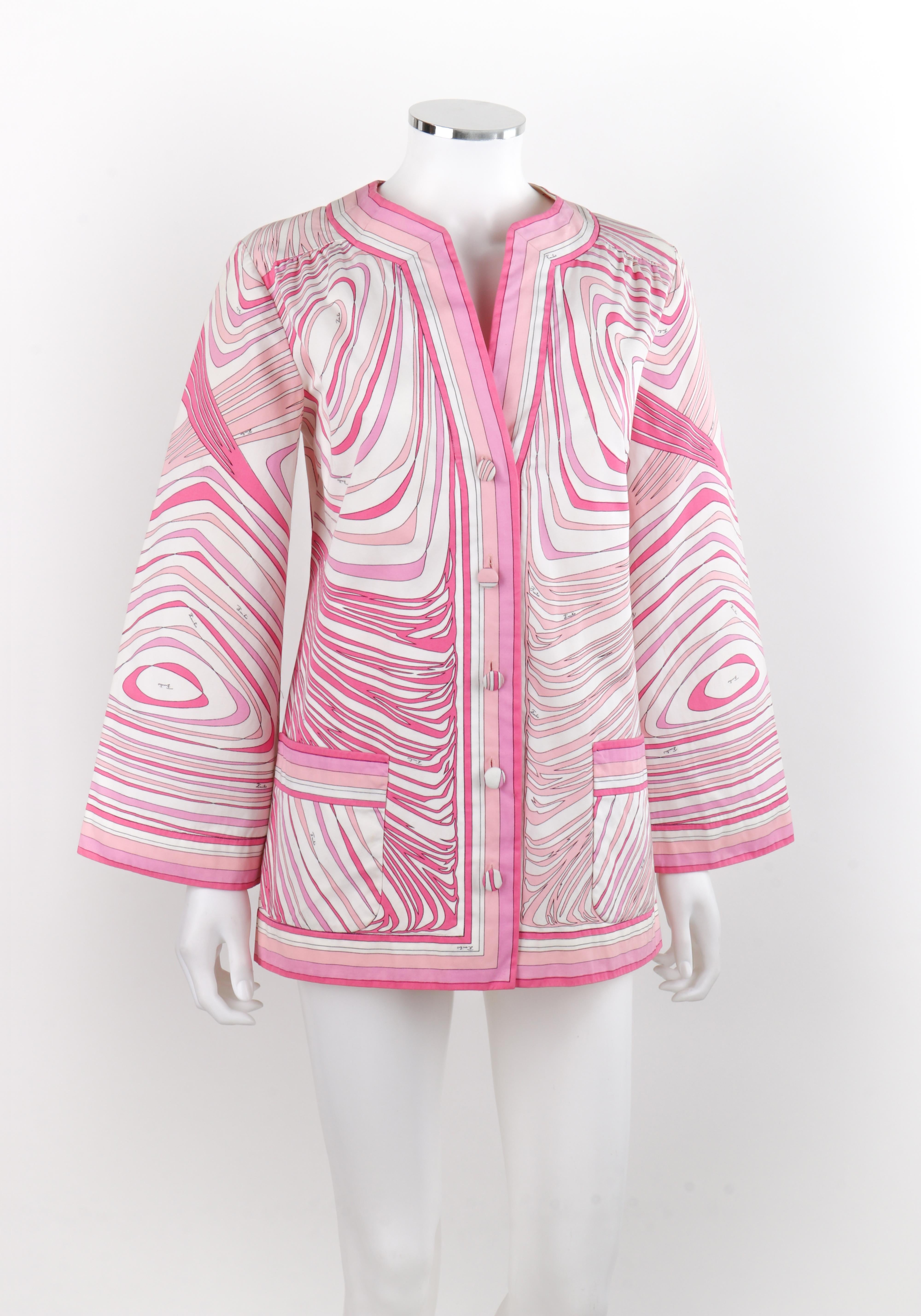 EMILIO PUCCI c.1960's Pink White Abstract Print Flared Sleeve Button Up Jacket In Good Condition In Thiensville, WI
