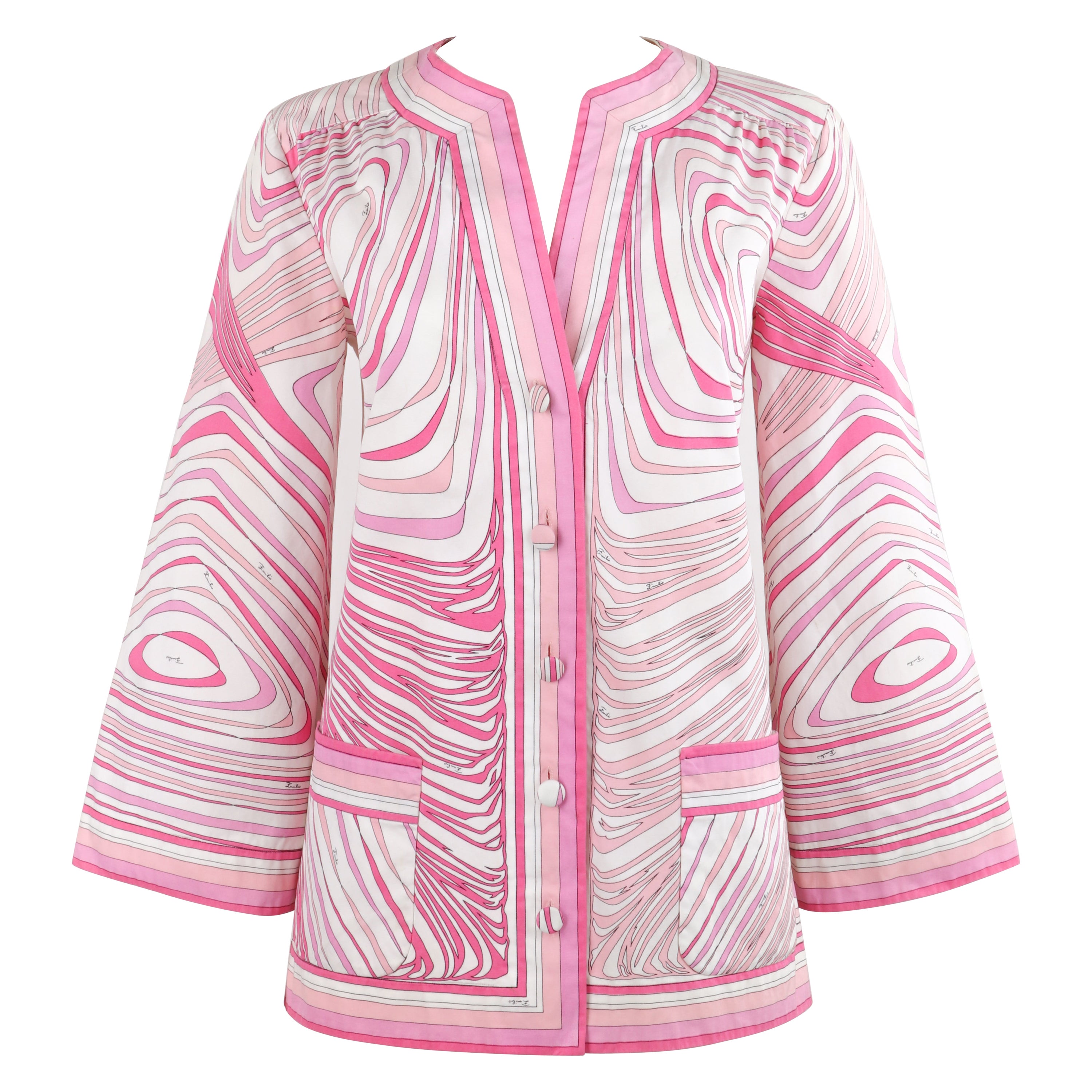 EMILIO PUCCI c.1960
s Pink White Abstract Print Flared Sleeve Button Up Jacket