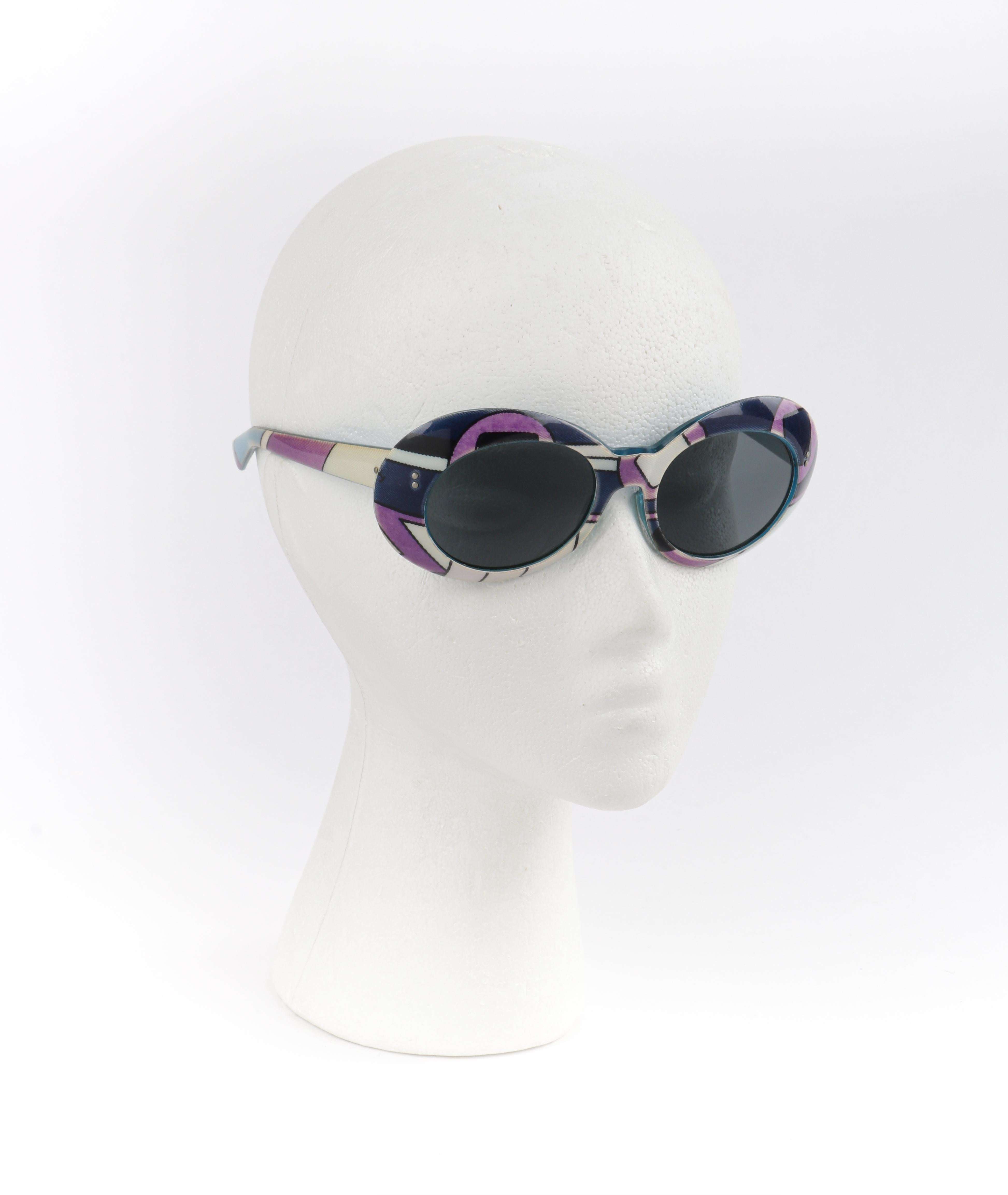 Gris Lunettes de soleil ovales à imprimé « Vivara » géométriques violettes et bleues Emilio Pucci, années 1960