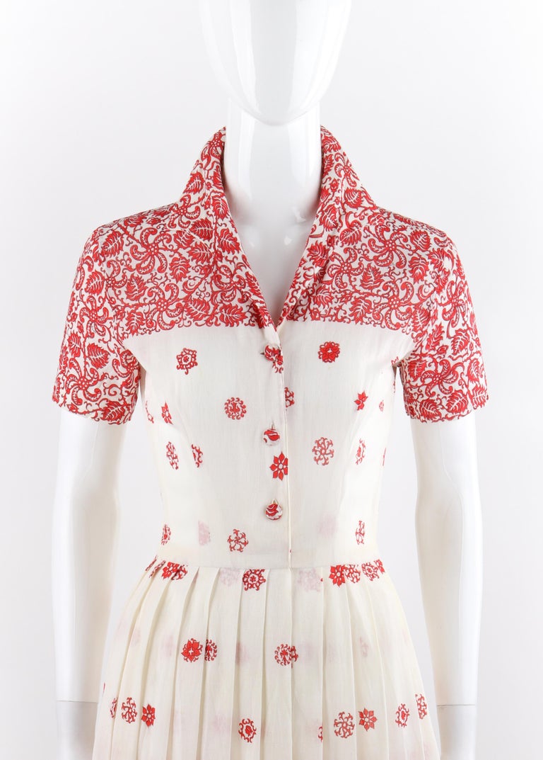 EMILIO PUCCI c.1960’s Red White Floral Button Up Pleated Short Sleeve ...