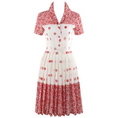 EMILIO PUCCI c.1960’s Red White Floral Button Up Pleated Short Sleeve Day Dress