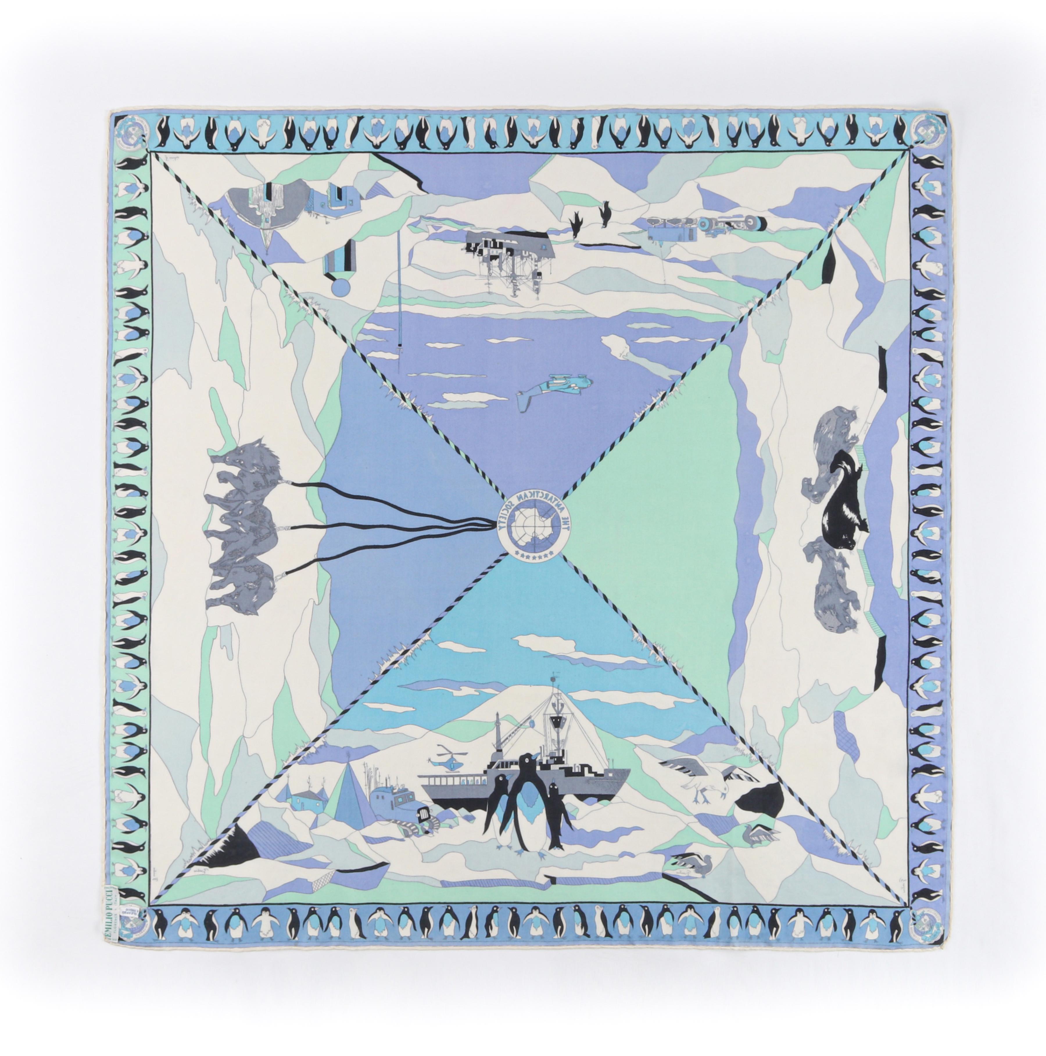 Bleu Écharpe Emilio Pucci en soie à motif antarctique « The Antarctican Society » des années 1960 en vente