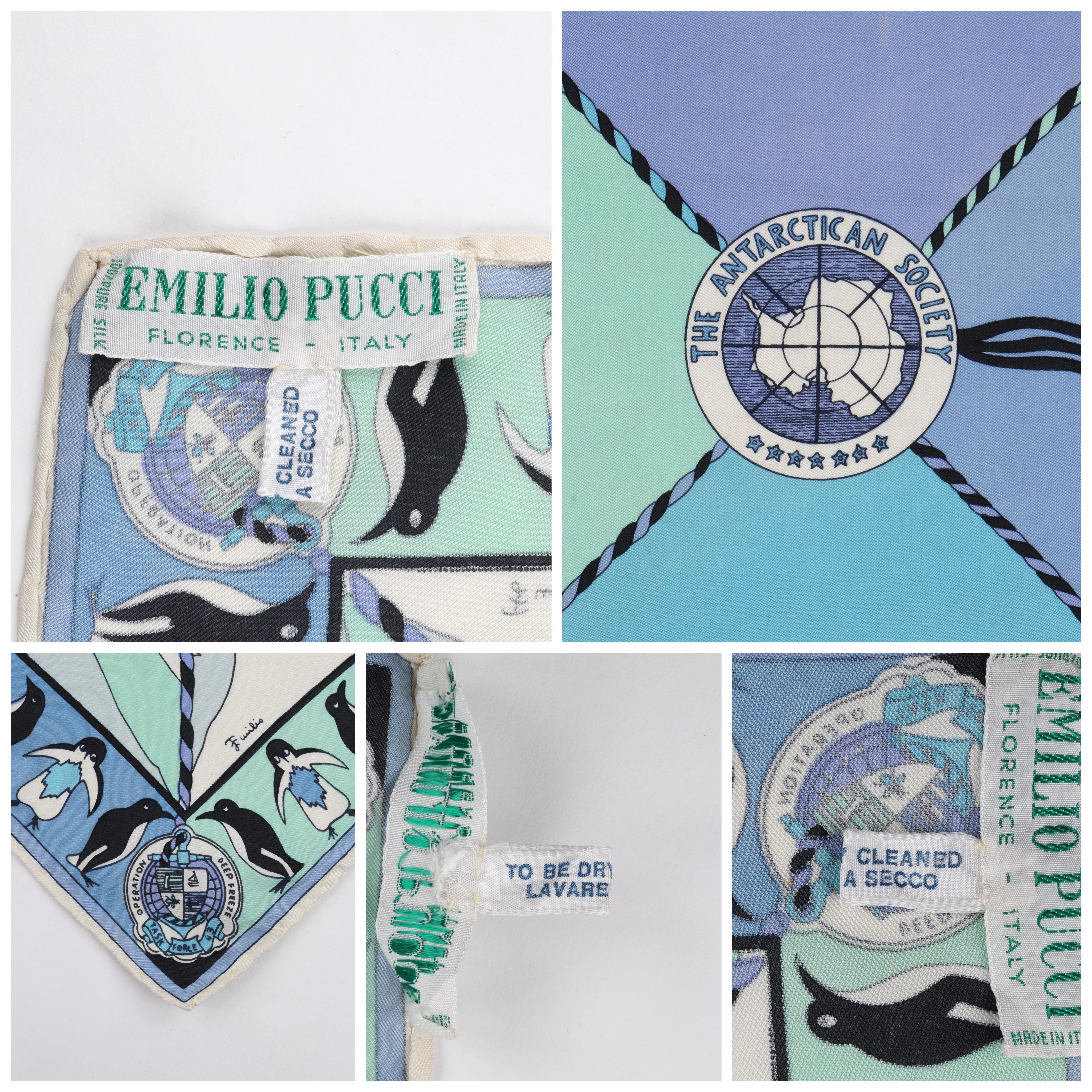 Blue EMILIO PUCCI c.1960’s “The Antarctican Society” Antarctic Motif Print Silk Scarf For Sale