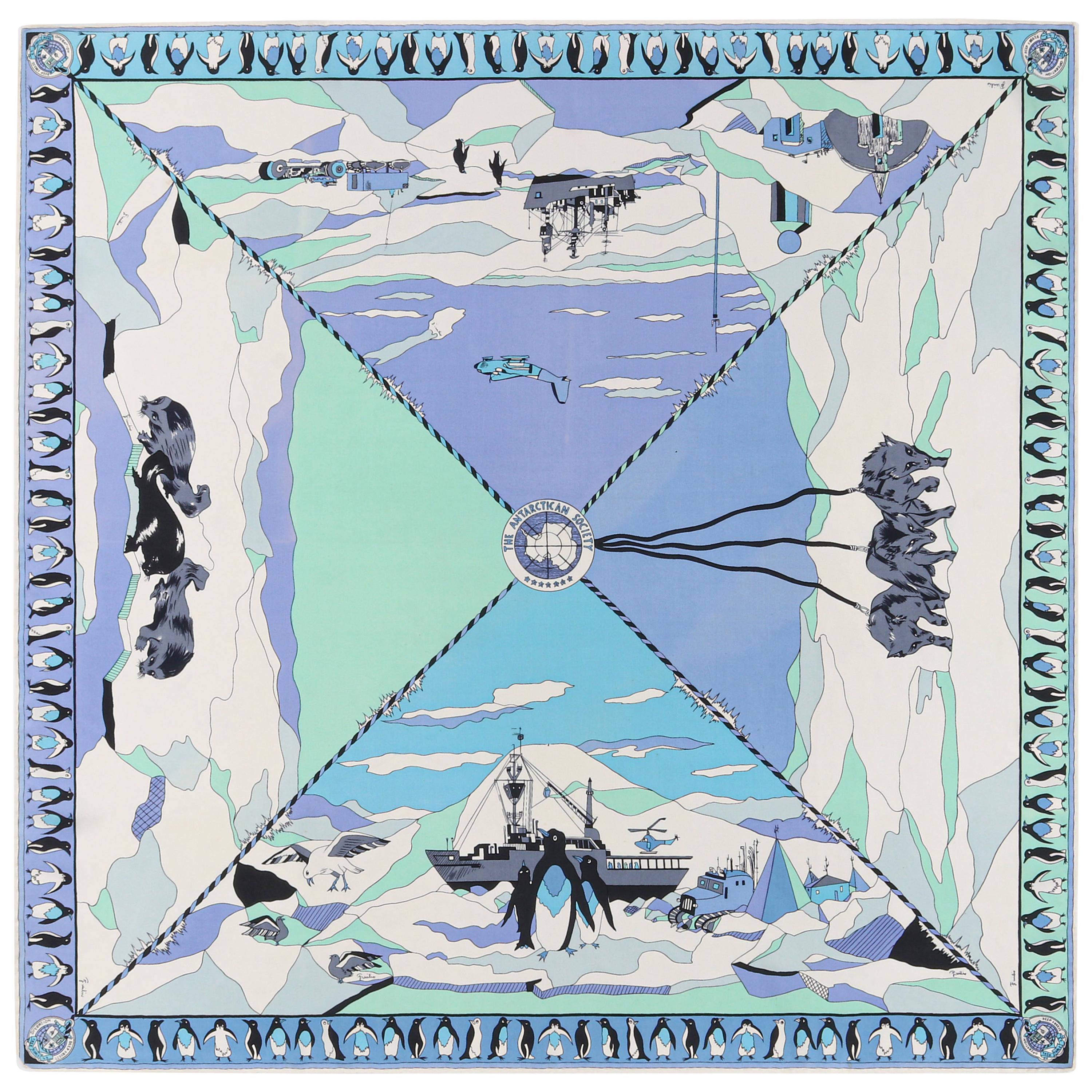 EMILIO PUCCI c.1960’s “The Antarctican Society” Antarctic Motif Print Silk Scarf For Sale