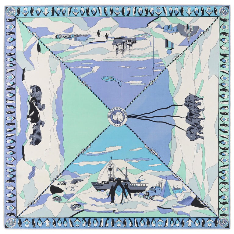 EMILIO PUCCI c.1960’s “The Antarctican Society” Antarctic Motif Print Silk  Scarf