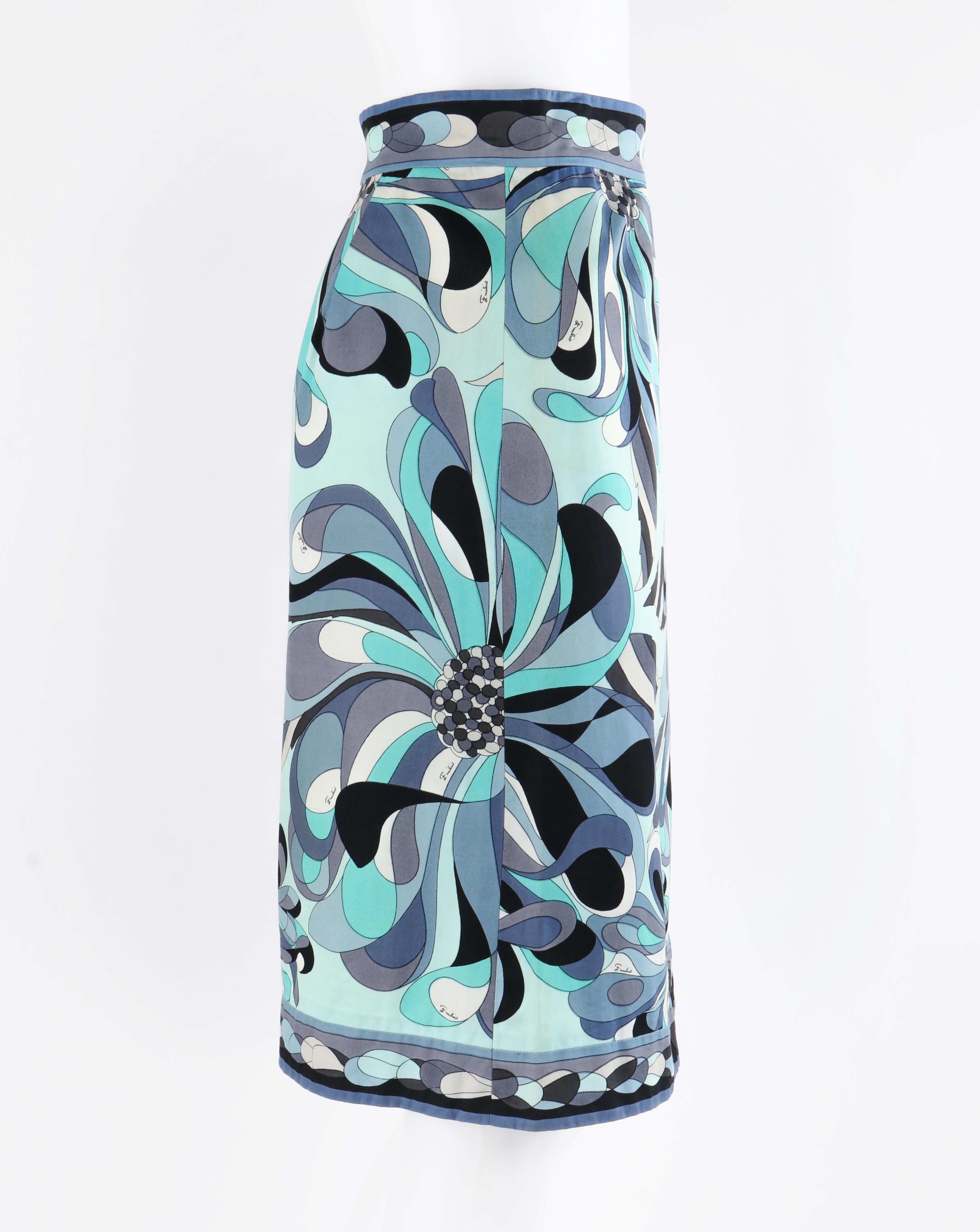 Gris EMILIO PUCCI jupe trapèze turquoise à imprimé floral Op Art Signature des années 1960 en vente