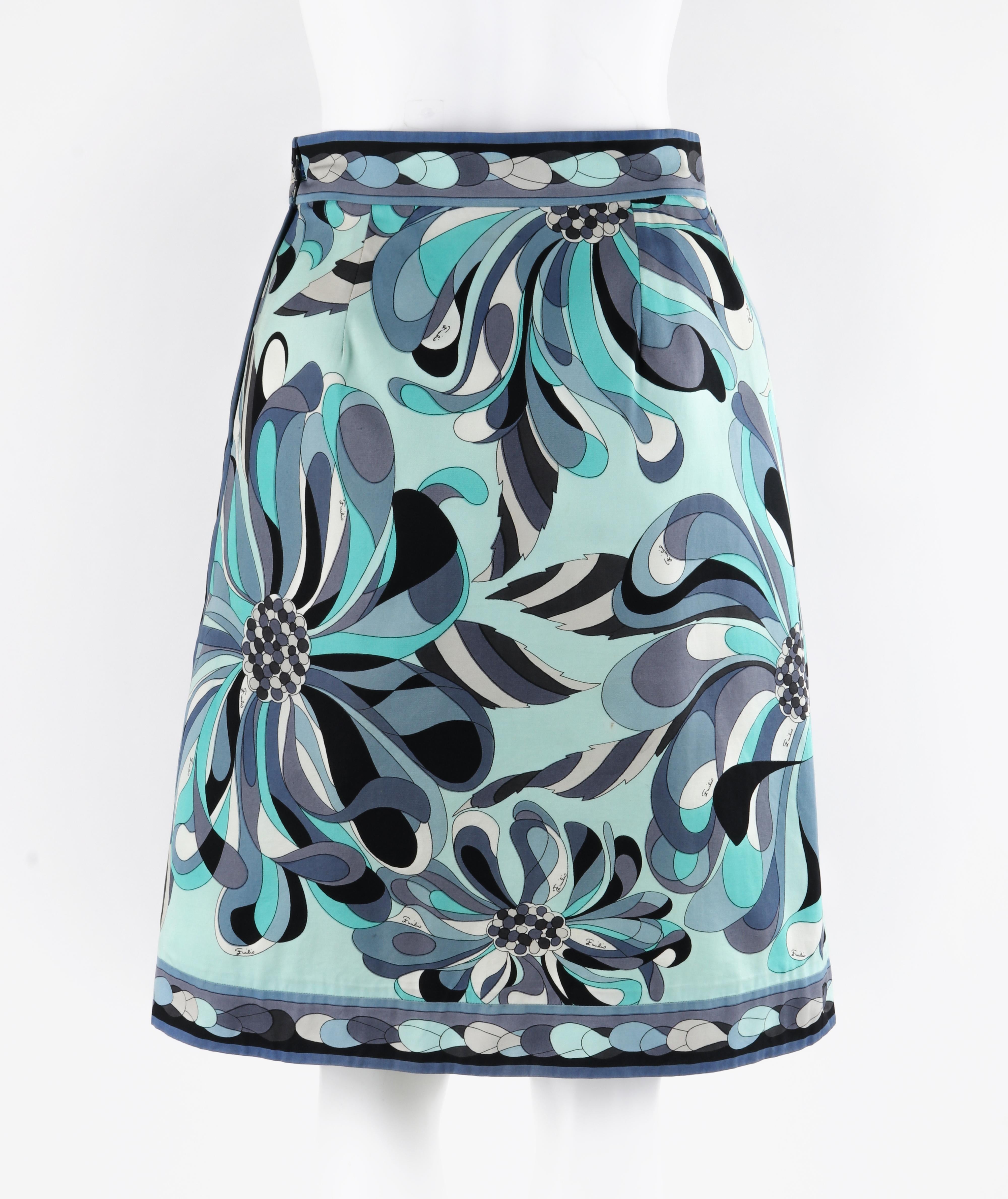 EMILIO PUCCI jupe trapèze turquoise à imprimé floral Op Art Signature des années 1960 Bon état - En vente à Thiensville, WI
