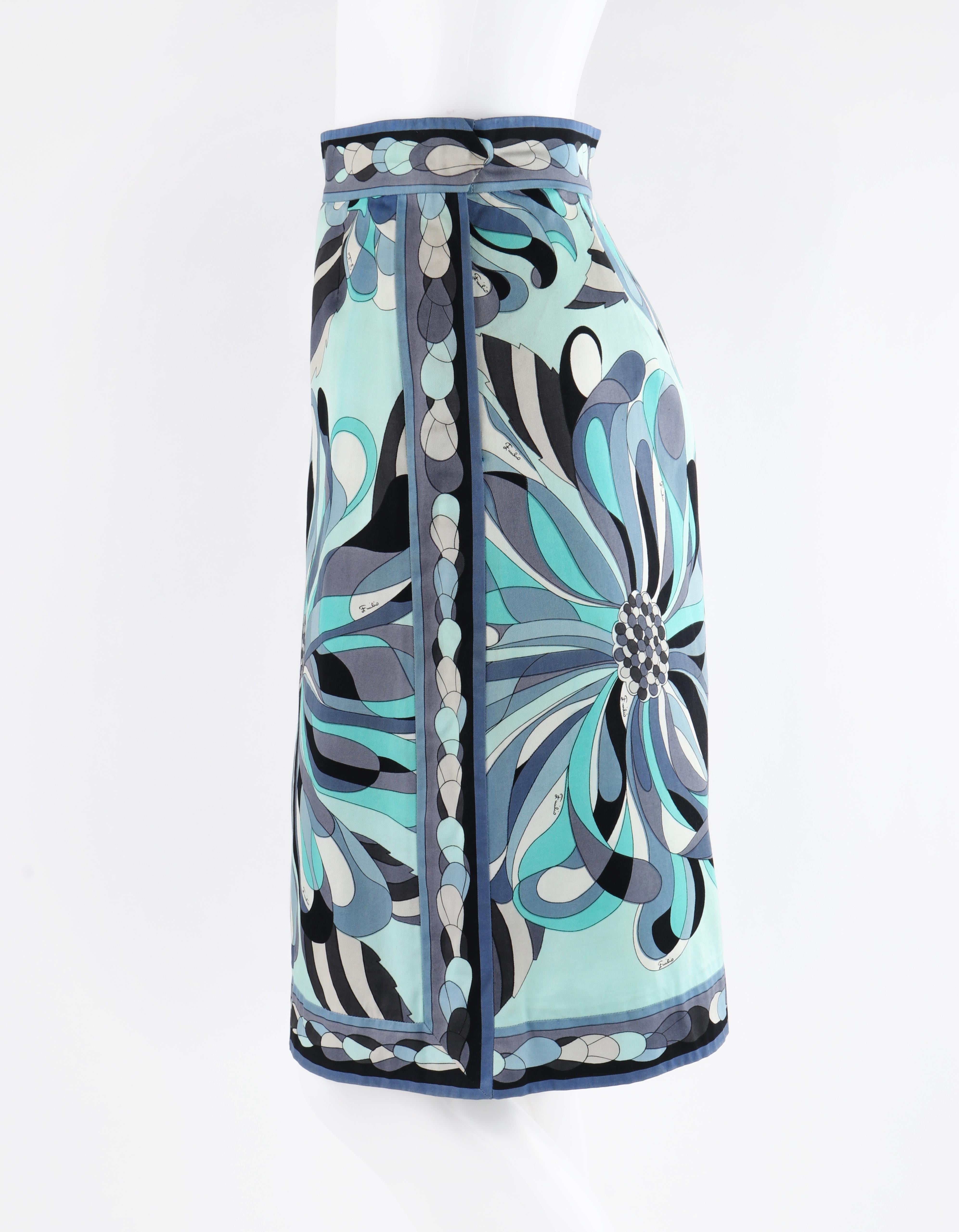 Gray EMILIO PUCCI c.1960's Turquoise Floral Op Art Signature Print A-Line Skirt For Sale