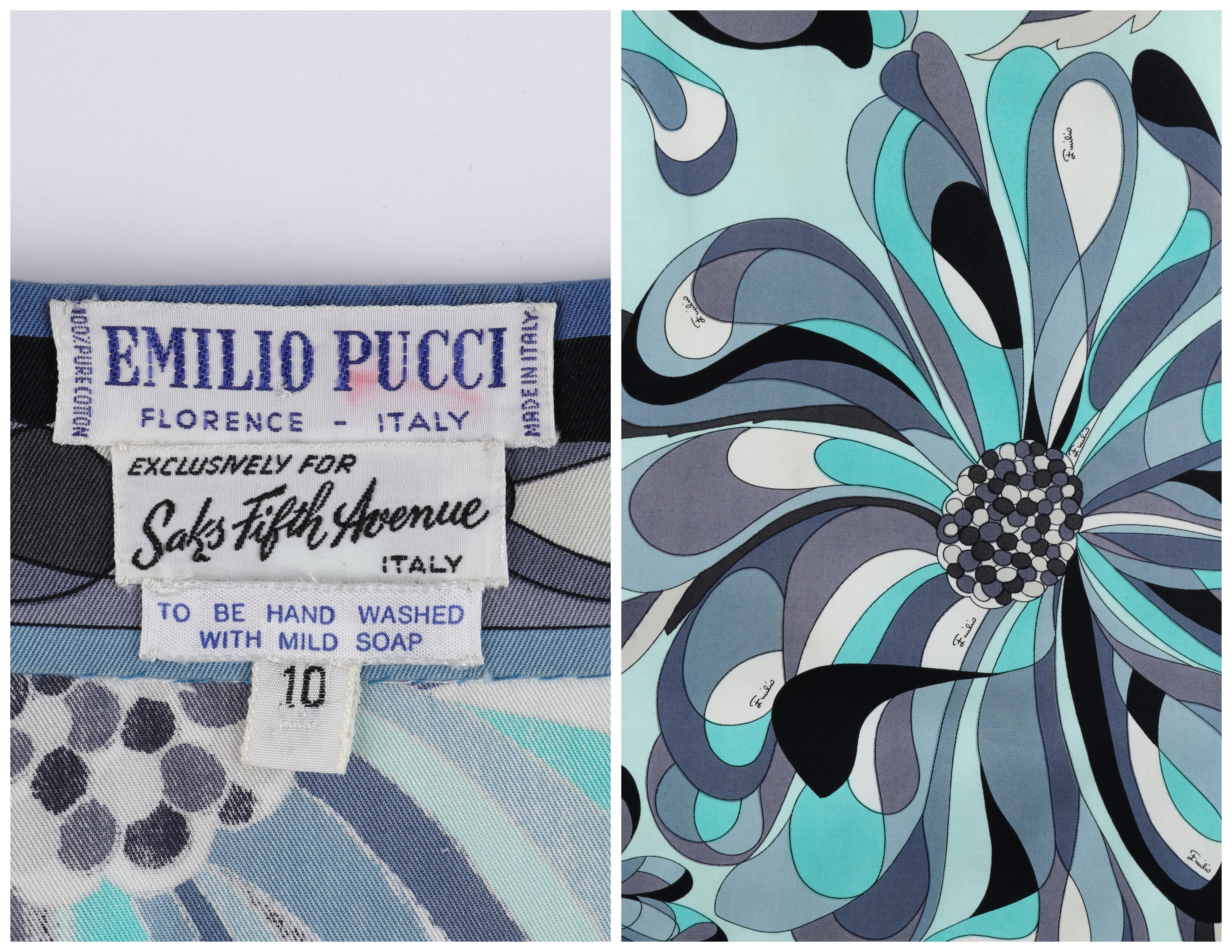 EMILIO PUCCI c.1960's Turquoise Floral Op Art Signature Print A-Line Skirt In Good Condition For Sale In Thiensville, WI