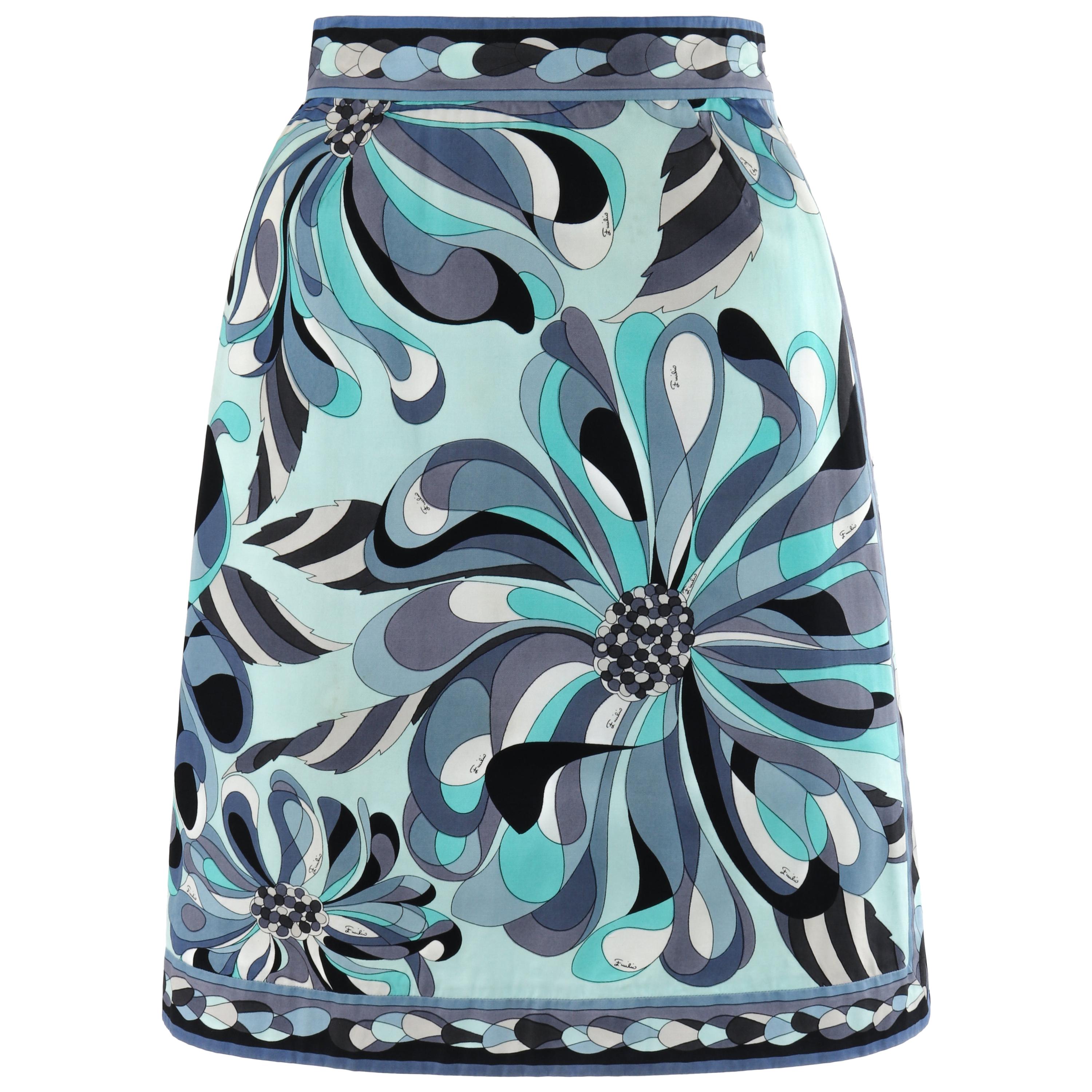 EMILIO PUCCI c.1960's Turquoise Floral Op Art Signature Print A-Line Skirt For Sale