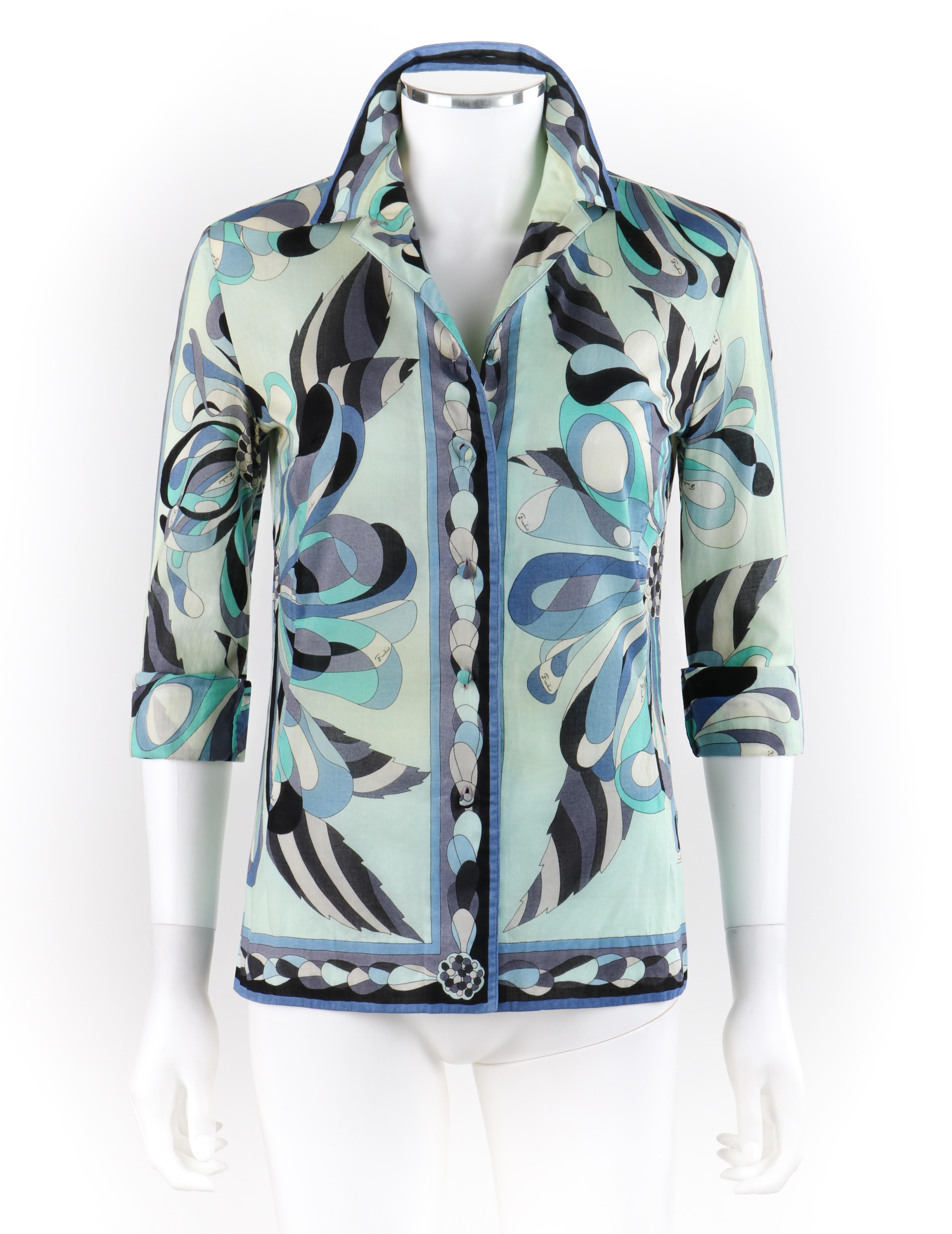 EMILIO PUCCI c.1960’s Turquoise Floral Signature Print Button Front Shirt Top
 
Circa: 1960’s
Label(s): “Emilio Pucci”, “Exclusively for Saks Fifth Avenue”
Designer: Emilio Pucci
Style: Long sleeve button-down top
Color(s): Shades of blue,