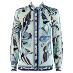 EMILIO PUCCI c.1960’s Turquoise Floral Signature Print Button Front Shirt Top