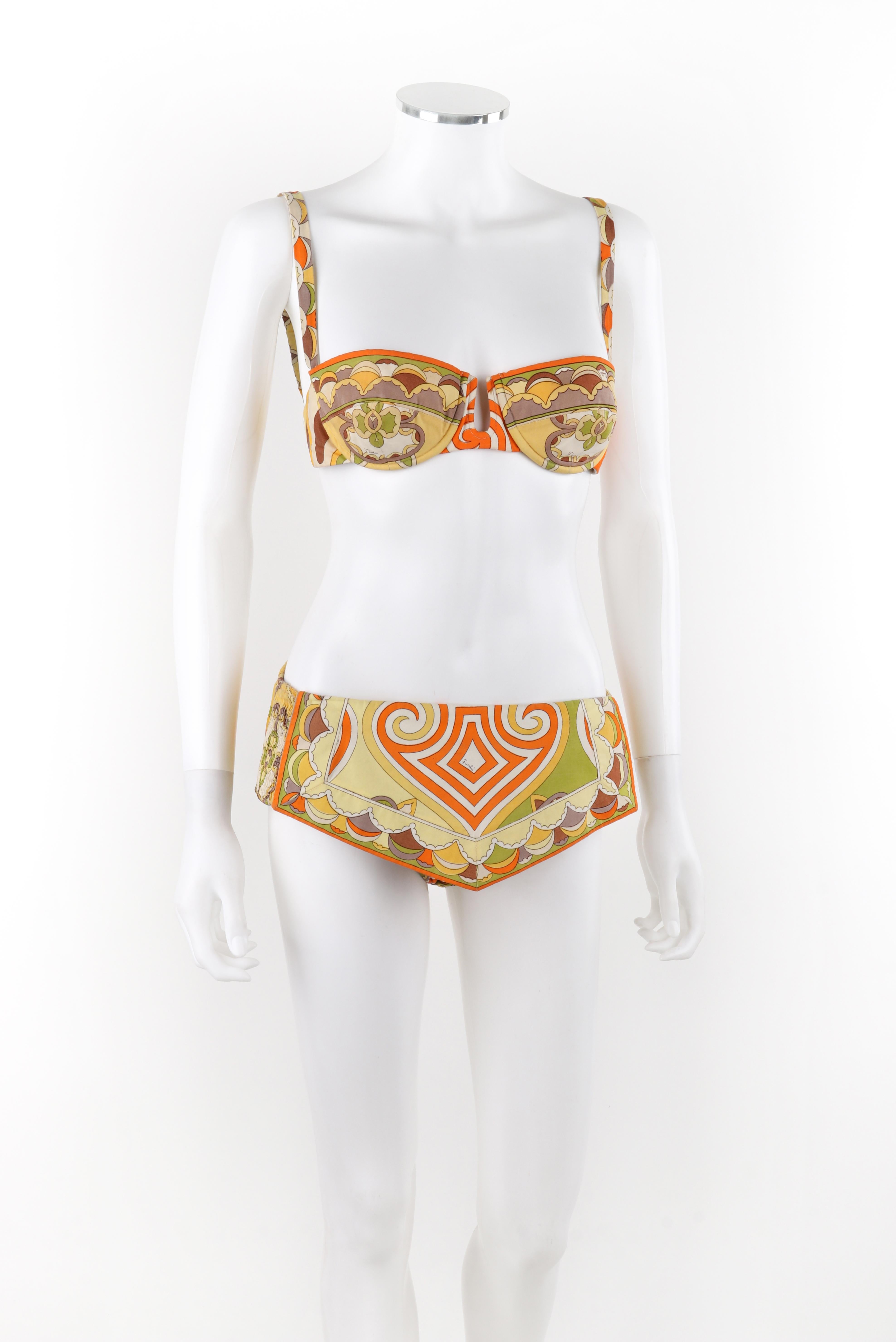 EMILIO PUCCI um 1960 Zweiteiliger orange-gelb-grüner Bikini-Badeanzug mit Muscheldruck im Zustand „Relativ gut“ im Angebot in Thiensville, WI