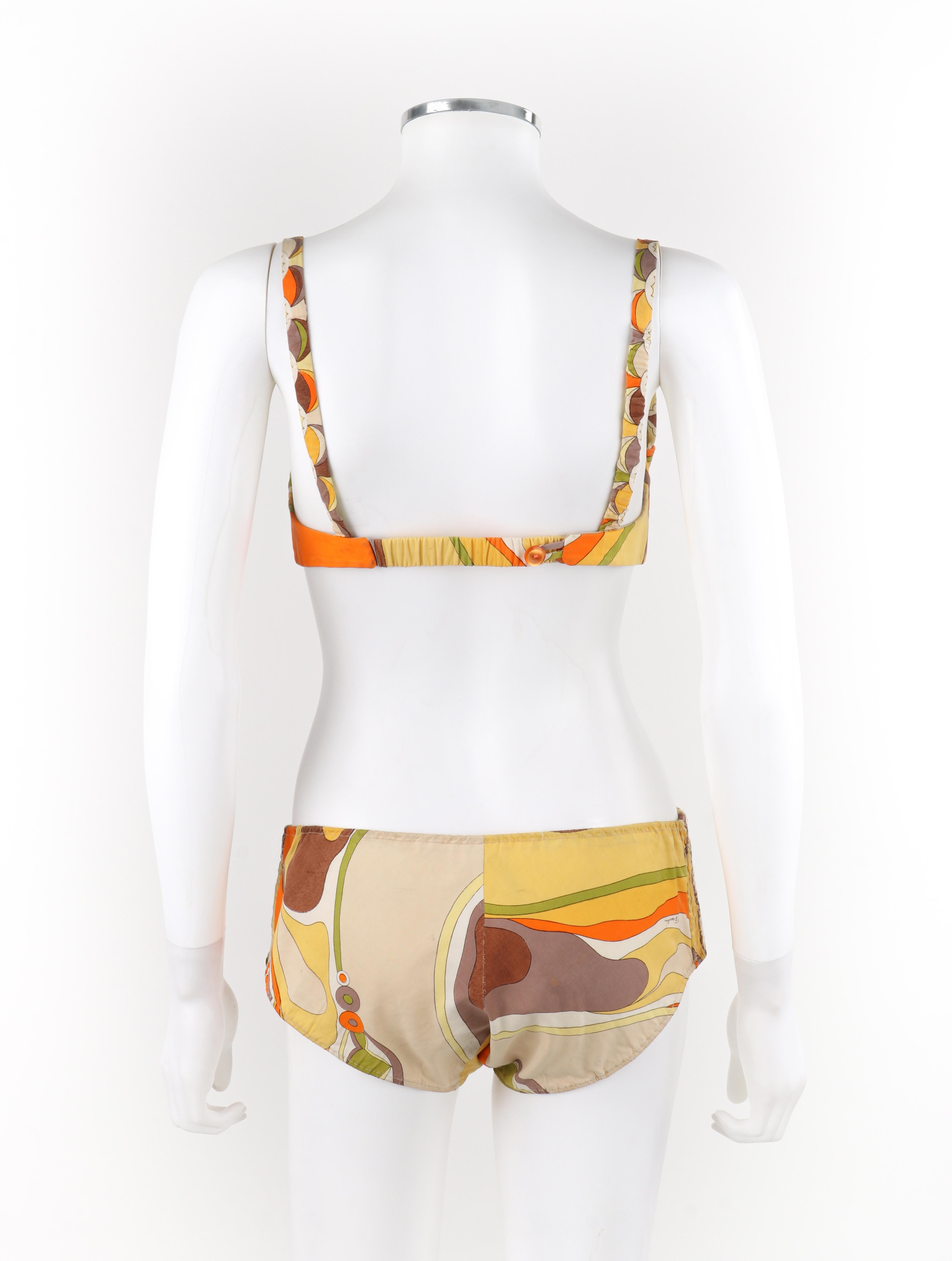 EMILIO PUCCI um 1960 Zweiteiliger orange-gelb-grüner Bikini-Badeanzug mit Muscheldruck im Angebot 1