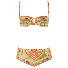 EMILIO PUCCI c.1960s Two Piece Orange Yellow Green Scallop Print Bikini Swimsuit