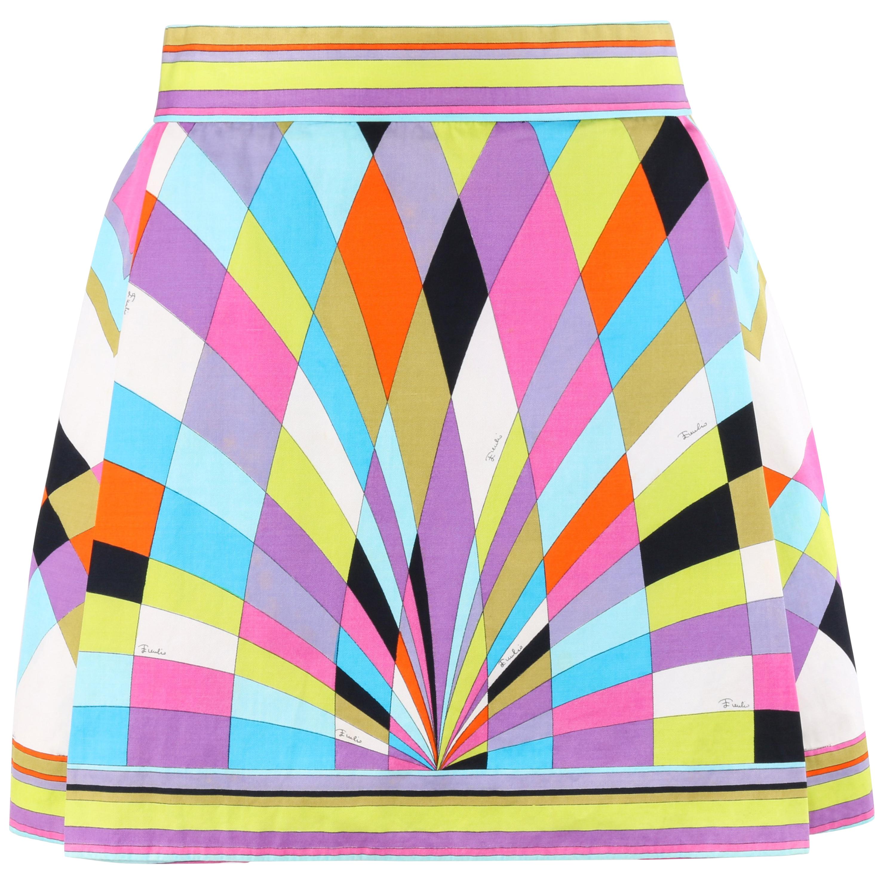 EMILIO PUCCI c.1965 Multicolor Geometric Signature Print A-Line Mini Skirt