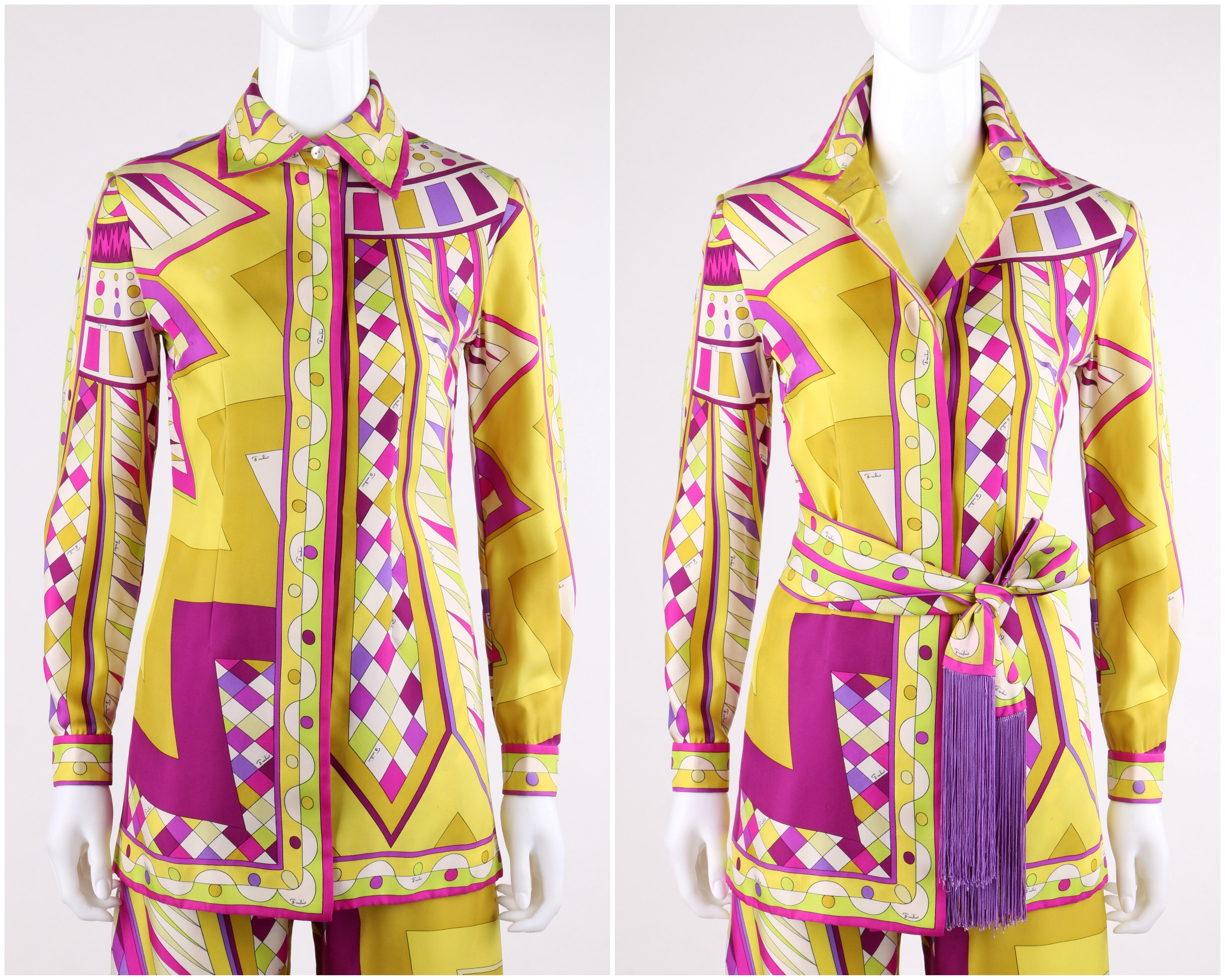 EMILIO PUCCI c.1968 2pc “Fontana” Silk Fringe Blouse Pant Belt Leisure Suit Set
 
Circa: 1968 
Label(s): Emilio Pucci / Made in Italy for Lord & Taylor  
Style: Tunic Blouse Pant Set 
Color(s): Shades of purple, yellow, green, pink and off