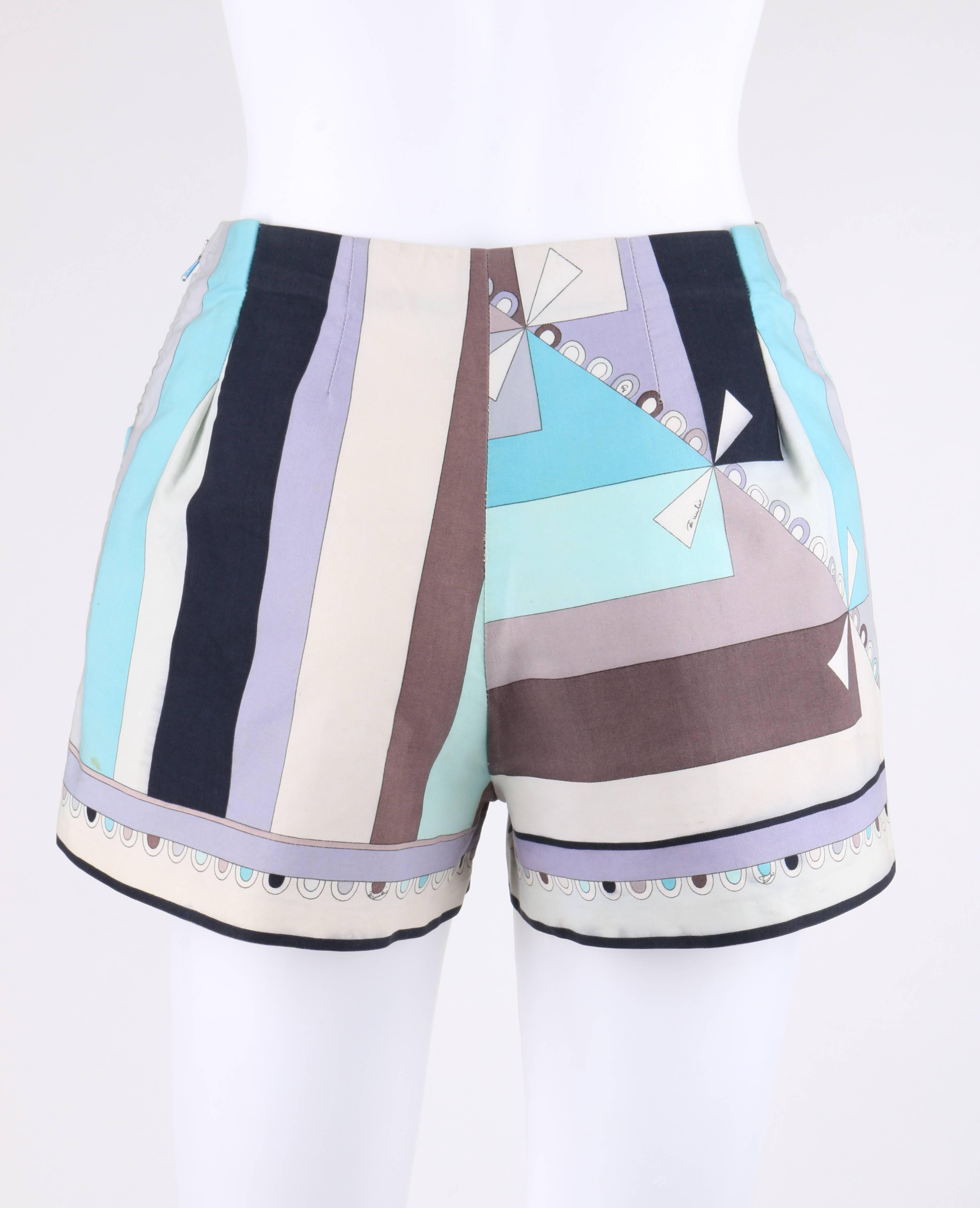 EMILIO PUCCI ca. 1968 „Colletti“ Graue Multicolor-Shorts mit geometrischem Muster Damen im Angebot